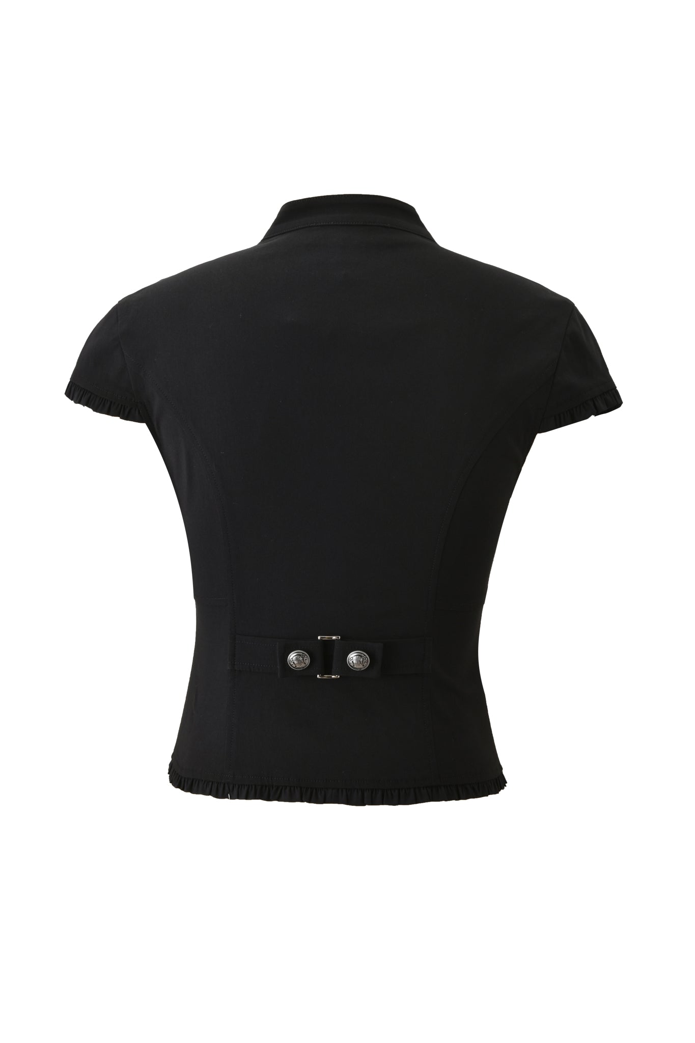Back view of the I.AM.GIA JET TOP - BLACK: a fitted blazer with notch collar, cap sleeves, ruffle trim on sleeves and hem, plus a decorative back belt with two buttons for a chic military-inspired style.