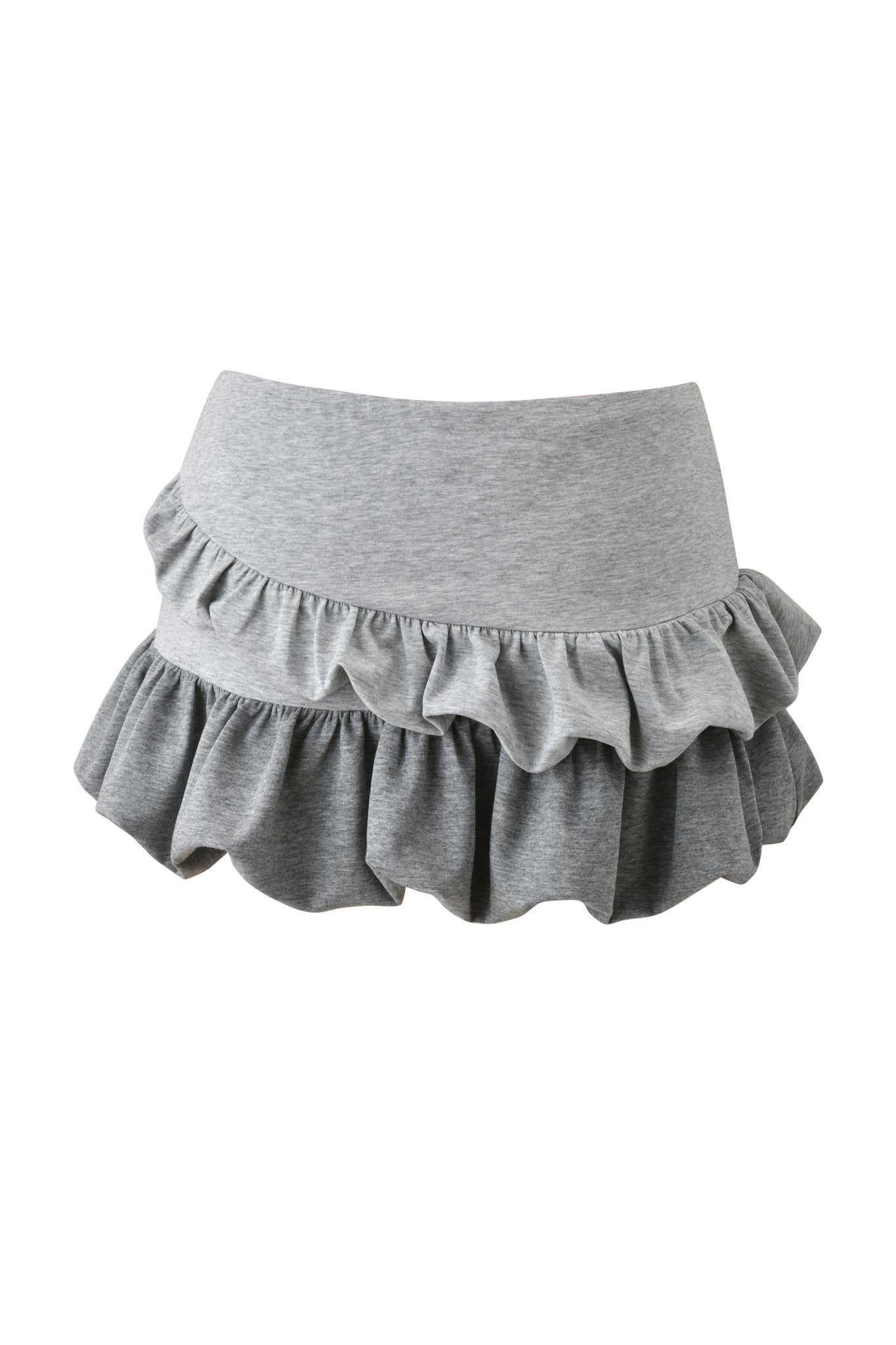 The I.AM.GIA CHERRI MINI SKIRT - GREY MULTI features a short, light gray two-tier design with a wide waistband and ruffled layers, creating a playful and flouncy bubble skirt look.