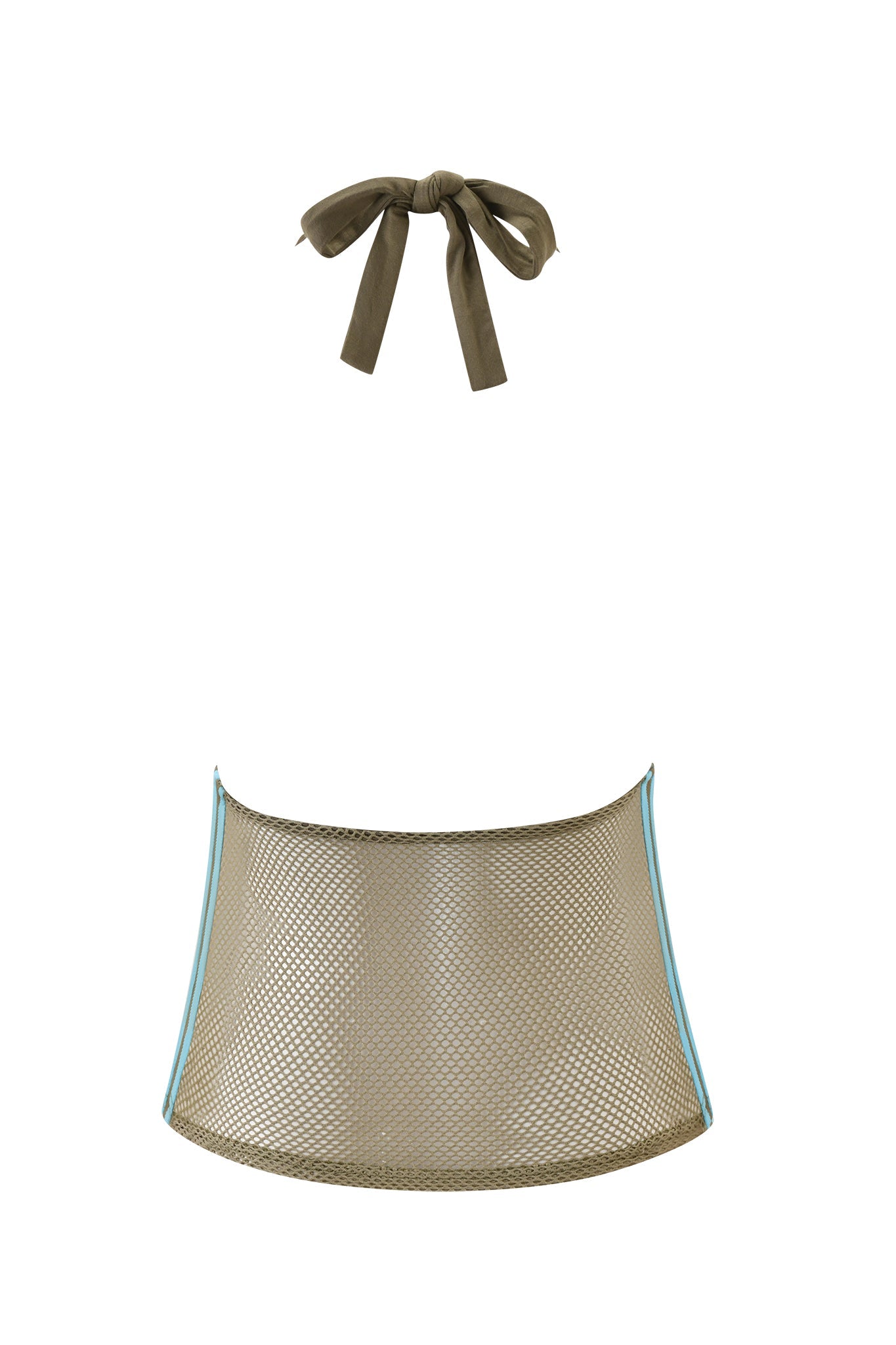 The CHANDLER TOP - GREEN by I.AM.GIA is a two-piece bikini set featuring a green tie-front top with a deep v-neckline and a mesh bottom edged in light blue, displayed on a white background.