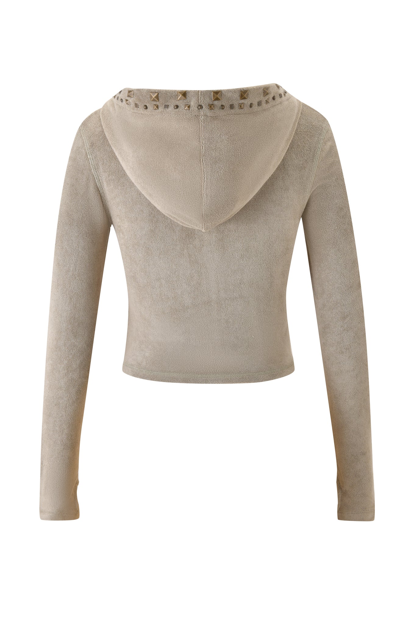 The I.AM.GIA BLARE STUDDED TERRY HOODIE in Stone is a beige, cropped, long-sleeve hoodie made from velour fabric, featuring metallic studs along the edge of the hood and shown from the back.