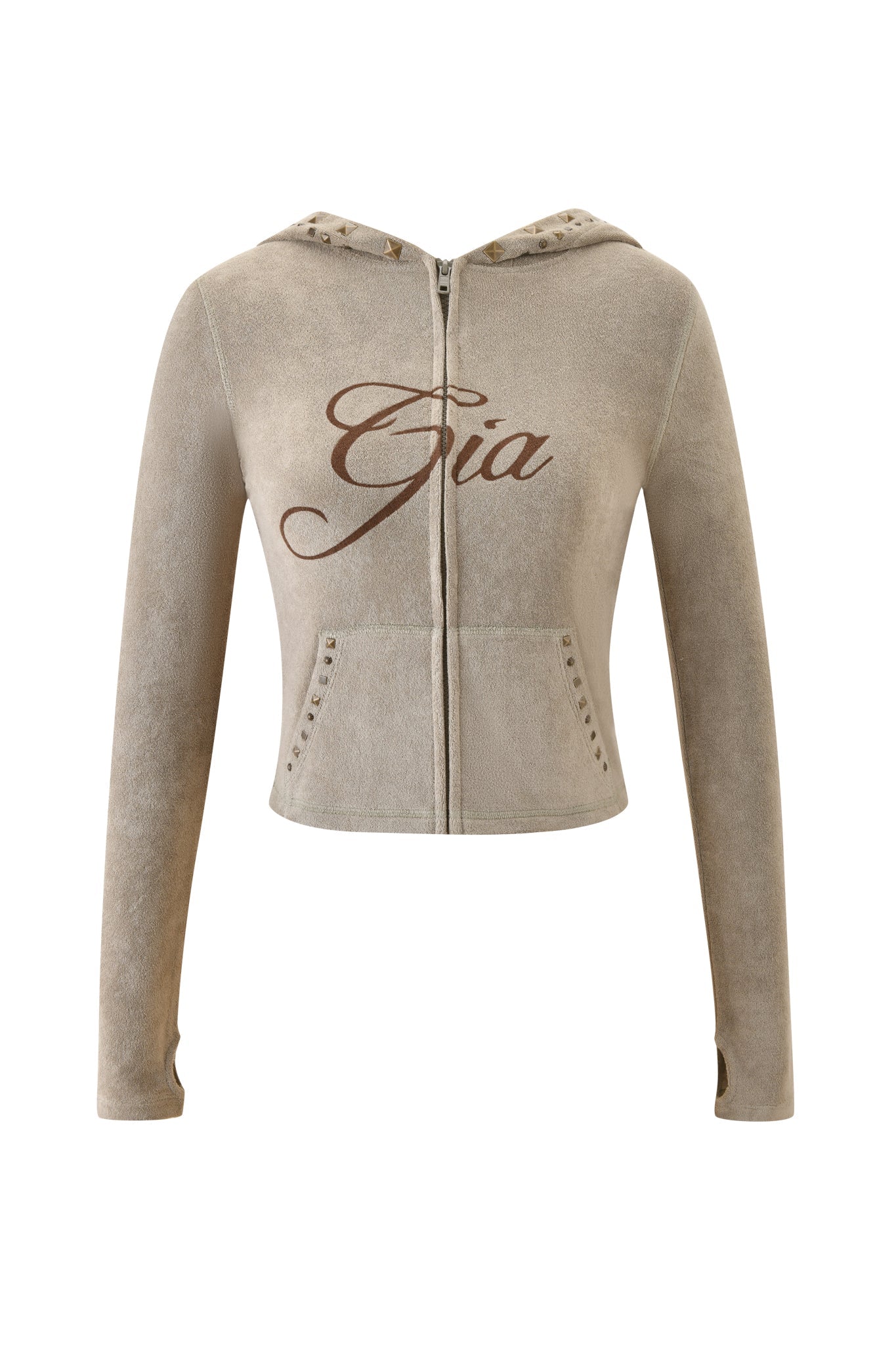 The I.AM.GIA BLARE STUDDED TERRY HOODIE - STONE features light brown terry cloth, a hood, front pockets, "Gia" script on the chest, long sleeves, studded details, and a cropped fit for stylish comfort.