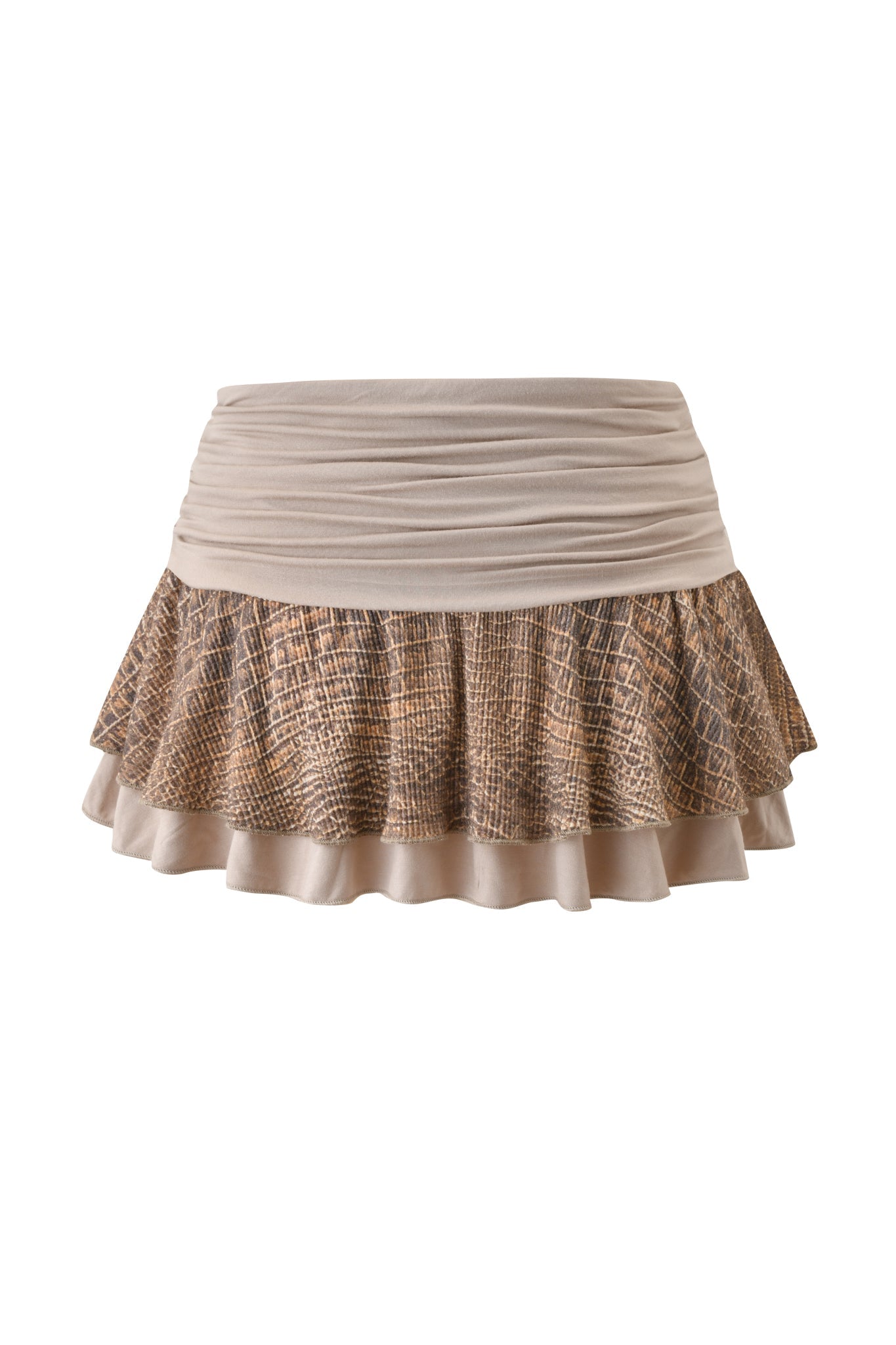 The ECHO WAFFLE MINI SKIRT - REPTILIA by I.AM.GIA is a beige mini skirt with a ruched waistband, layered ruffled hem, and a brown and tan crocodile-inspired textured pattern.