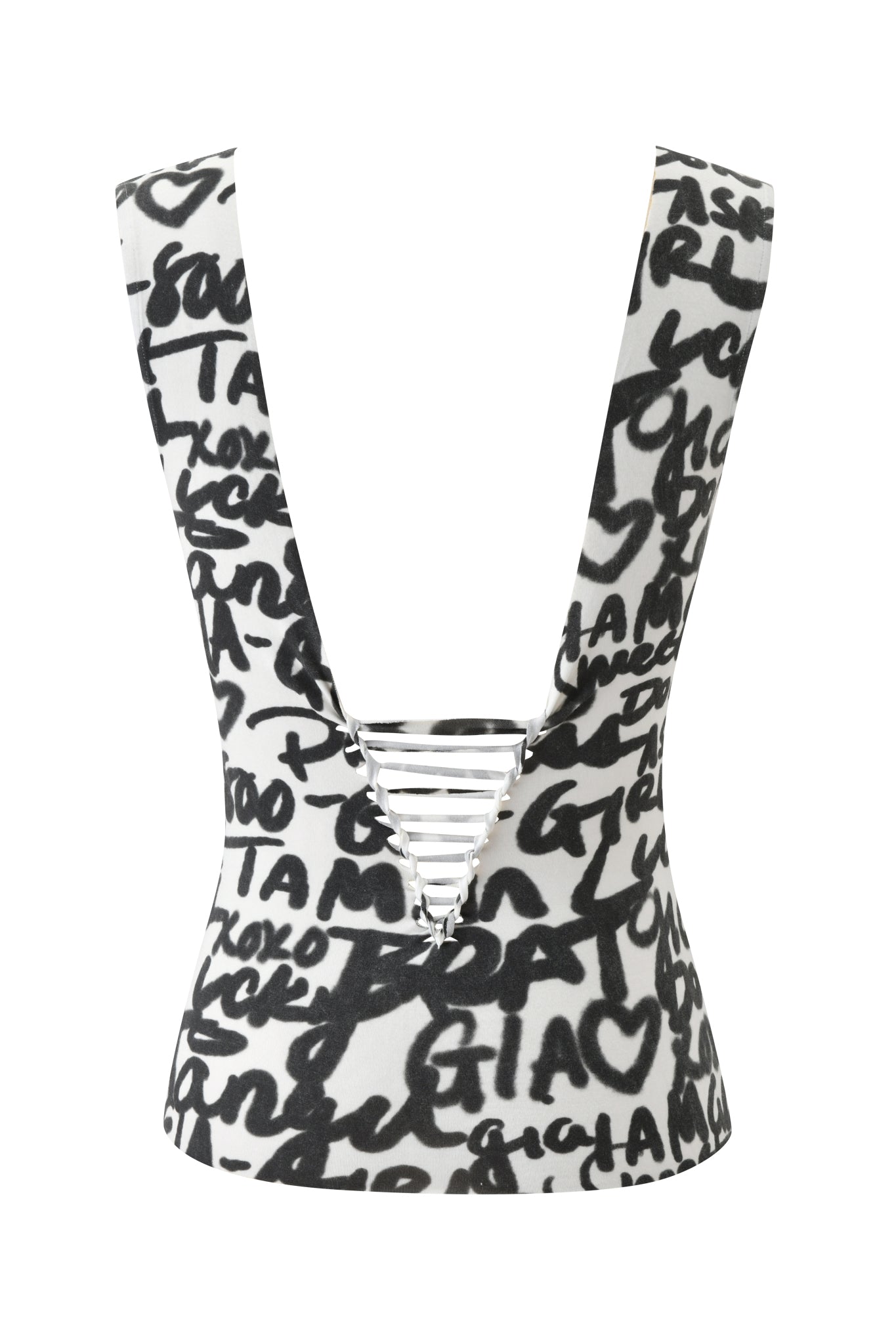 The HONEY MACRAME TOP - WRITING ON THE WALL by I.AM.GIA is a sleeveless white top with a deep V back, black graffiti-style writing, and white horizontal straps across the lower V opening.