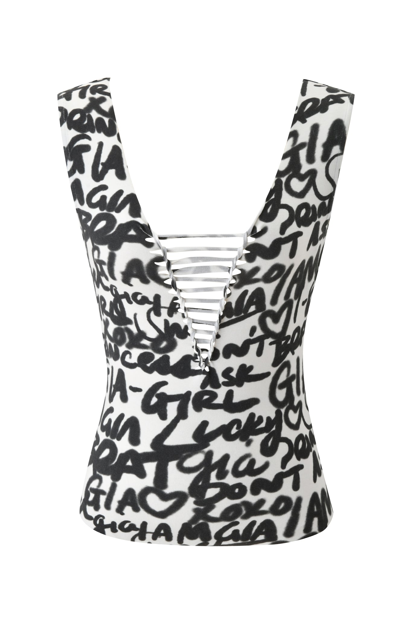 The HONEY MACRAME TOP - WRITING ON THE WALL by I.AM.GIA is a sleeveless white top with a deep V-neck, white horizontal laces, and bold graffiti print with heart shapes for an edgy vibe.