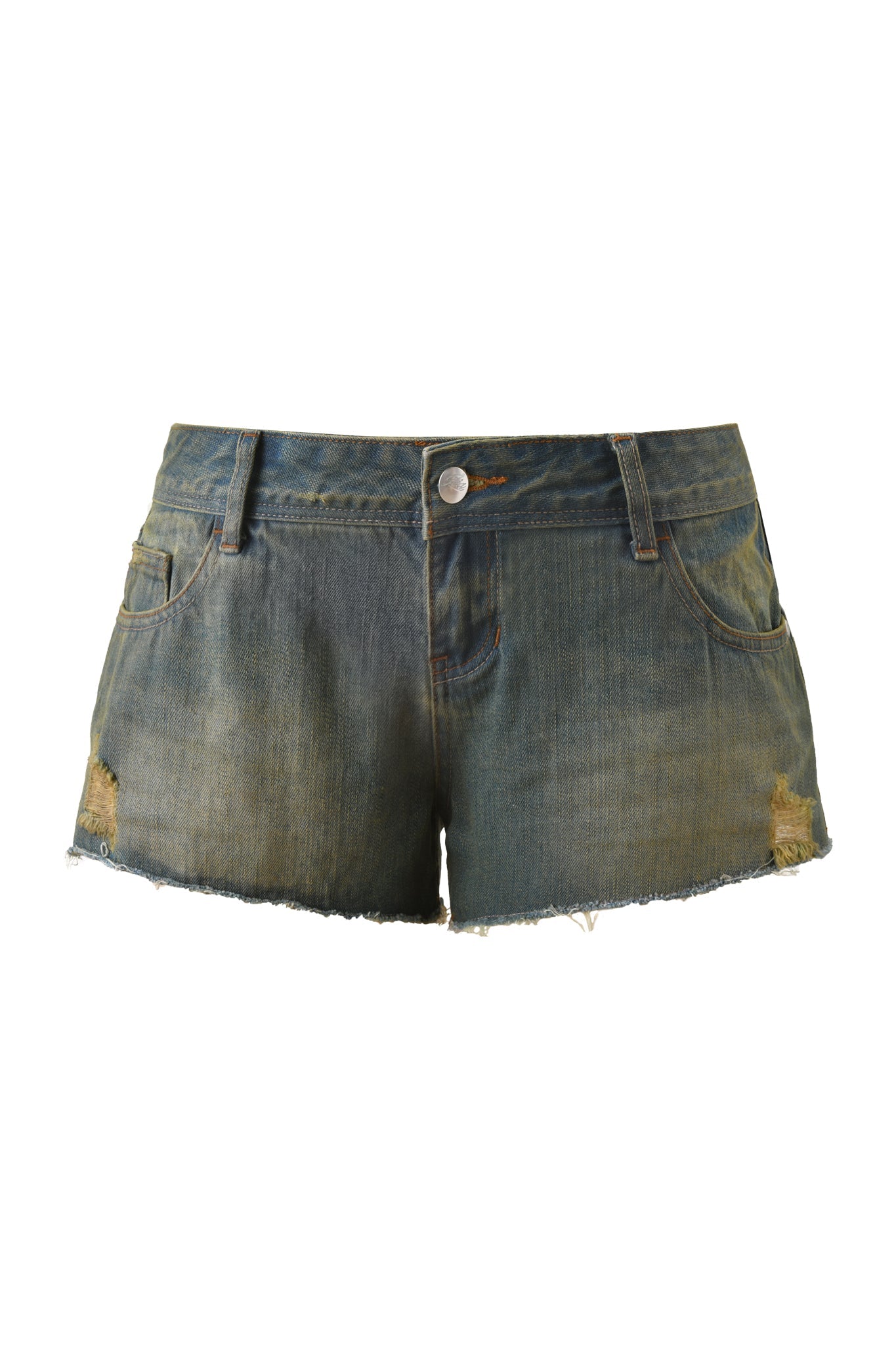 The TINSLEY SHORT - DARK DENIM by I.AM.GIA features blue distressed denim, frayed hems, a mid-rise waist, front button closure, front pockets, and distressed patches on both legs.