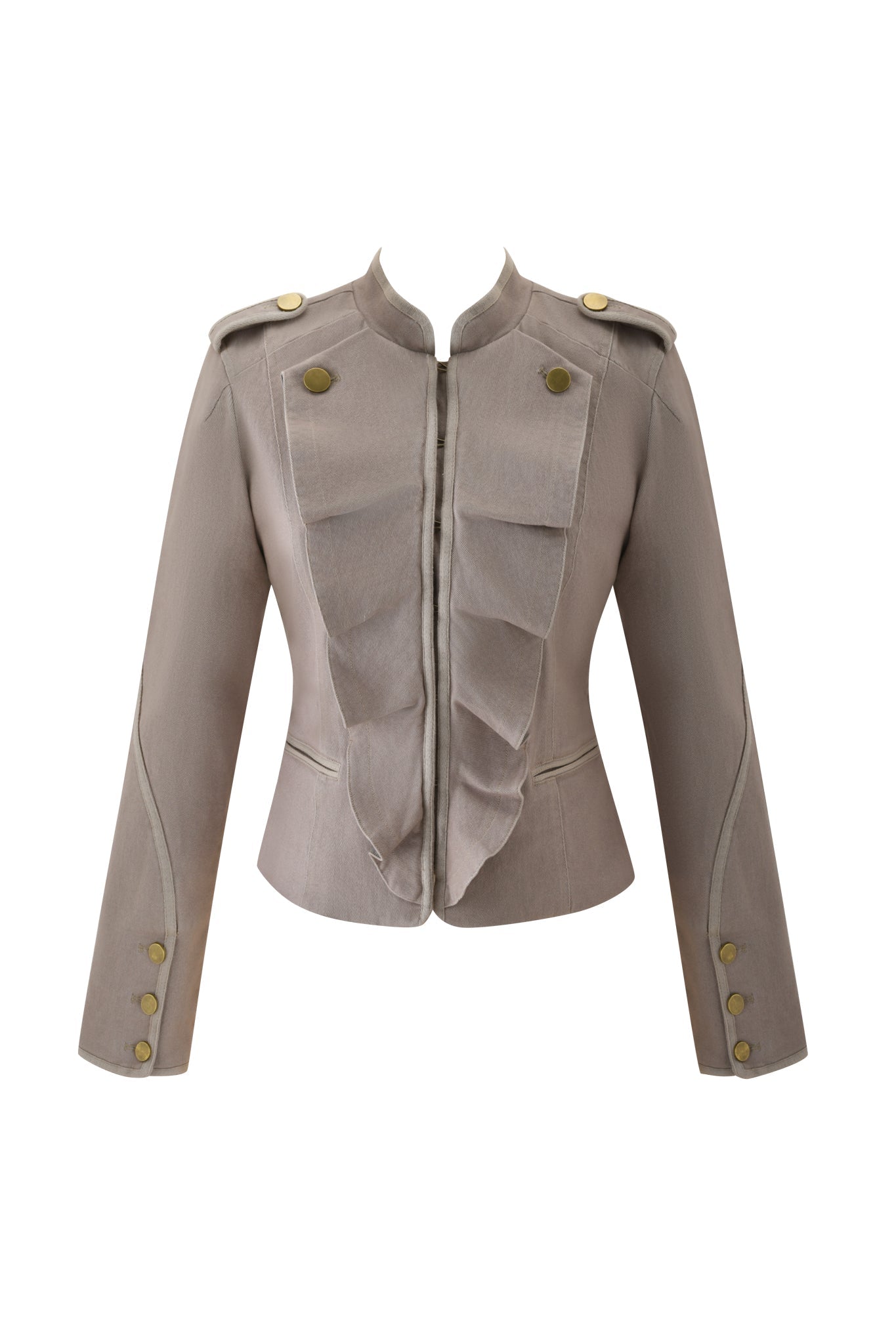 The SHARN JACKET - MUSHROOM by I.AM.GIA is a beige, tailored military-style jacket featuring gold-tone hardware, shoulder epaulettes, long sleeves, and front zipper ruffle detailing.