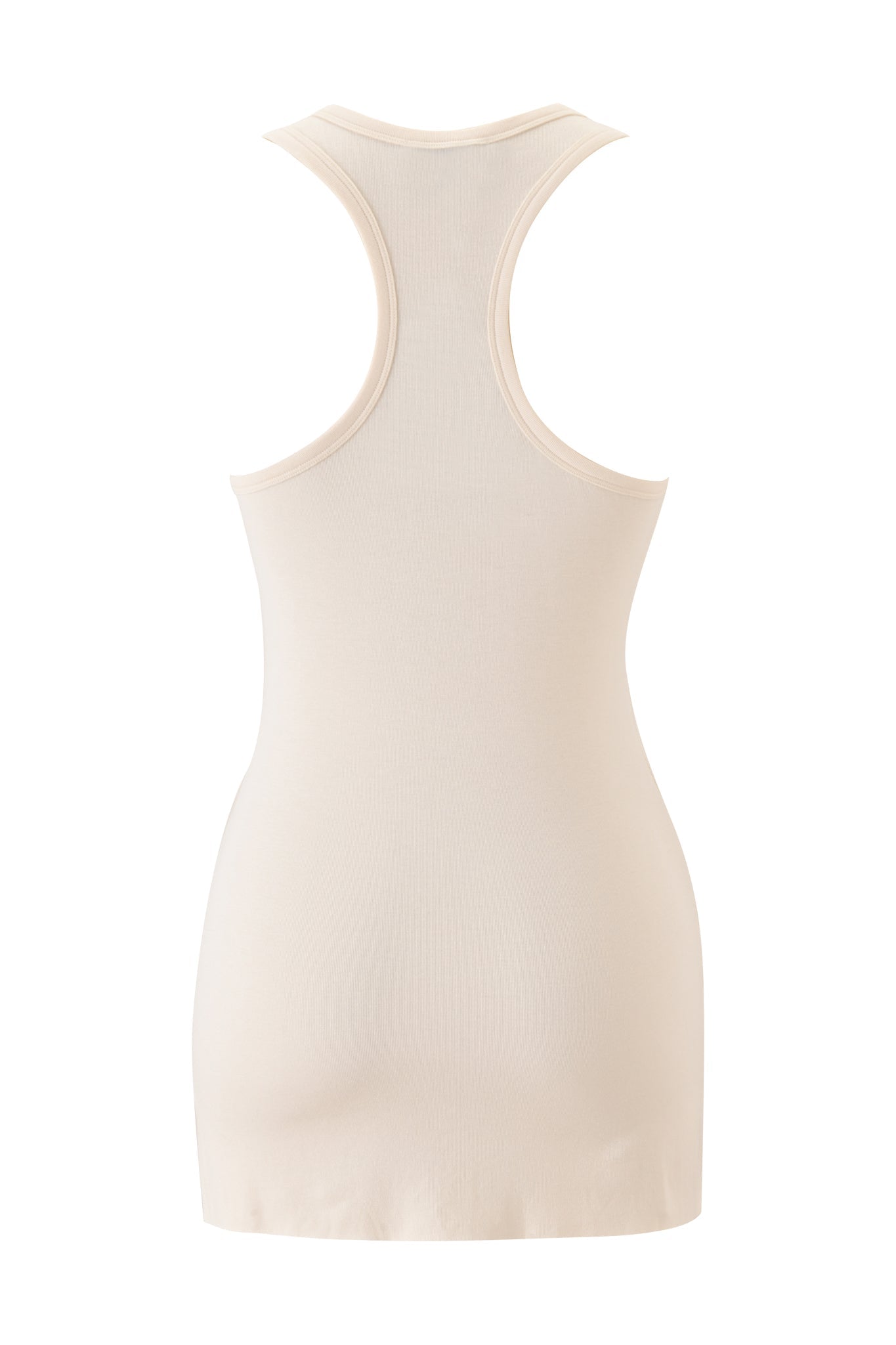 The DIAMOND 2-IN-1 MINI DRESS in cream by I.AM.GIA is shown from the back, featuring a racerback design and fitted silhouette, echoing the airy elegance of sheer georgette, against a white background.