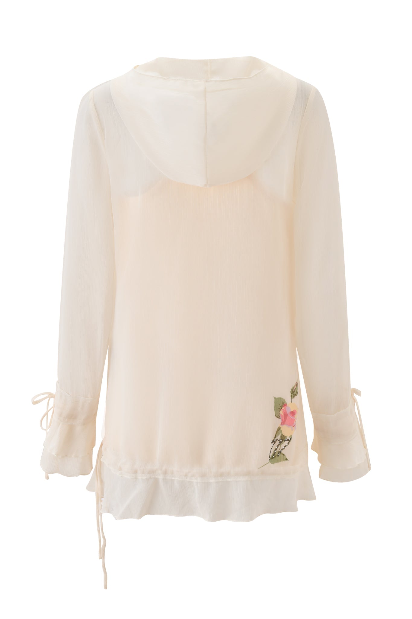 The DIAMOND 2-IN-1 MINI DRESS in cream by I.AM.GIA features sheer long sleeves, a hood, airy georgette fabric, sleeve and hem drawstrings, and pink floral embroidery near the bottom right. Shown from the back.