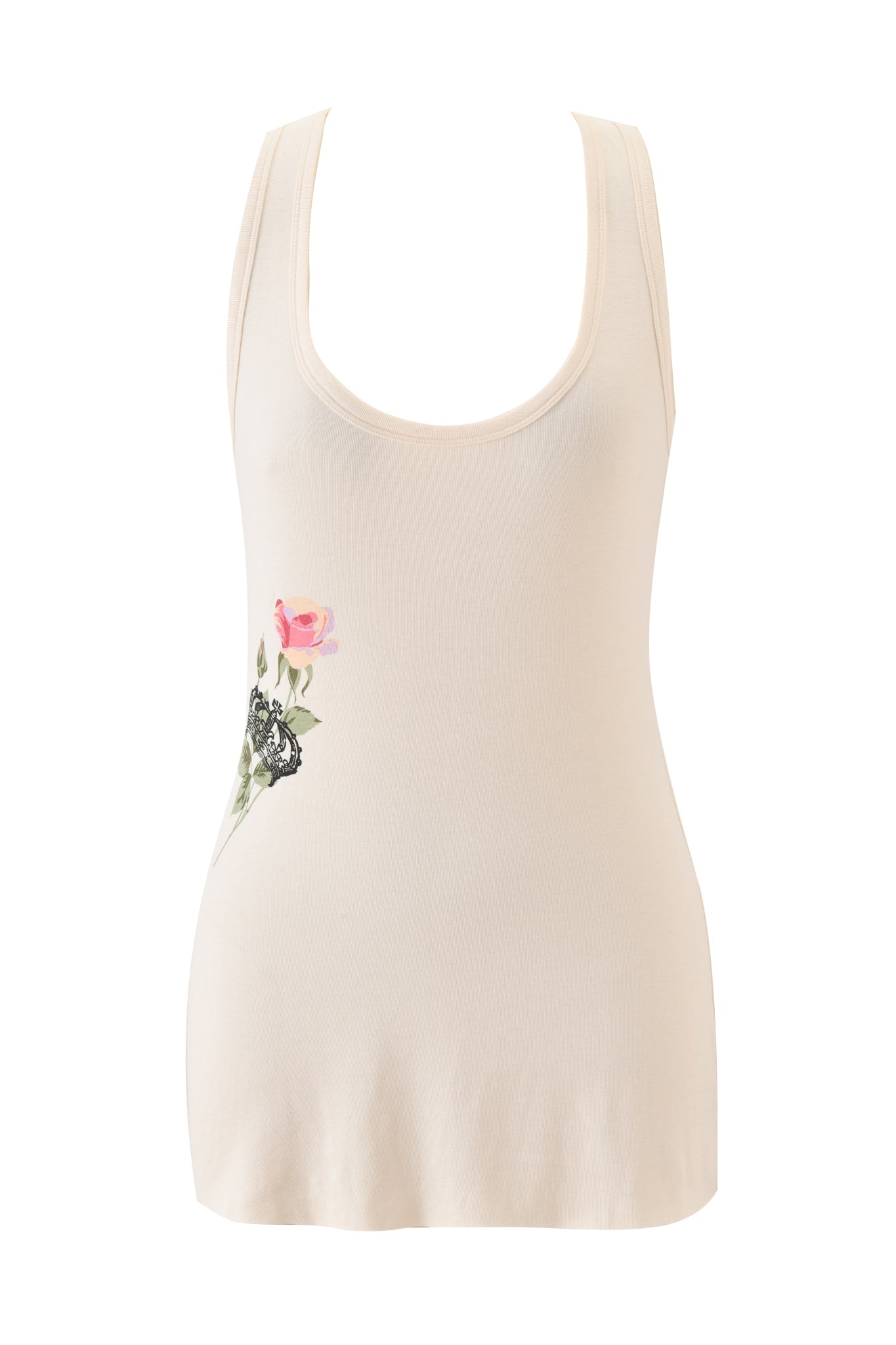 The DIAMOND 2-IN-1 MINI DRESS in cream by I.AM.GIA features a sleeveless, scoop-neck design with black lace detail and a small pink rose illustration, making it perfect for layering and achieving an effortlessly chic look.