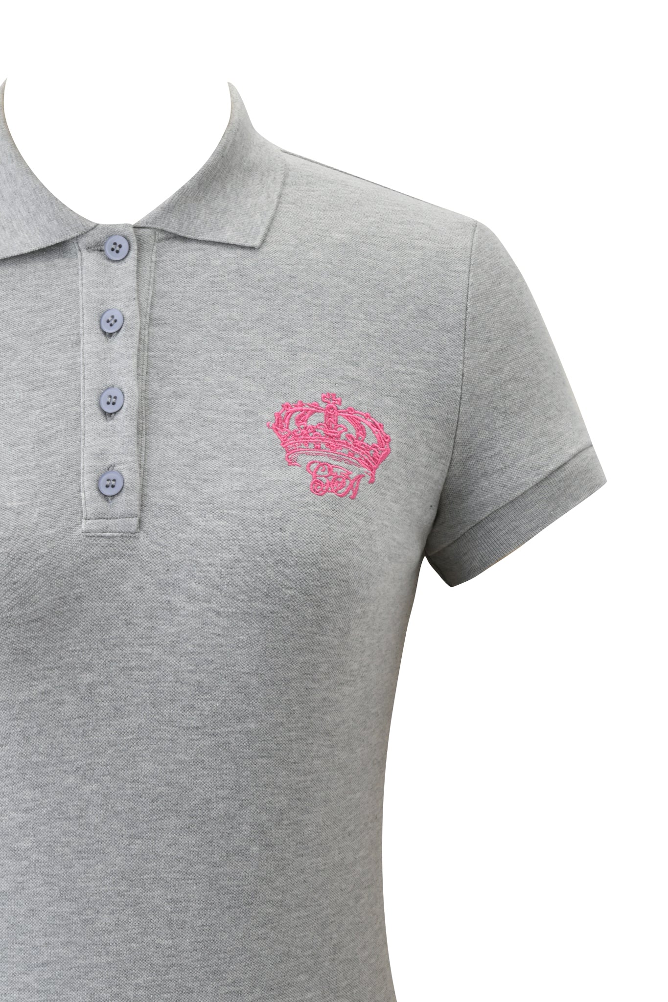 The I.AM.GIA PAM TOP - GREY is a light gray collared short sleeve polo with four buttons, custom crown embroidery, and a pink script detail on the left chest. The image showcases the upper portion of this stylish top.