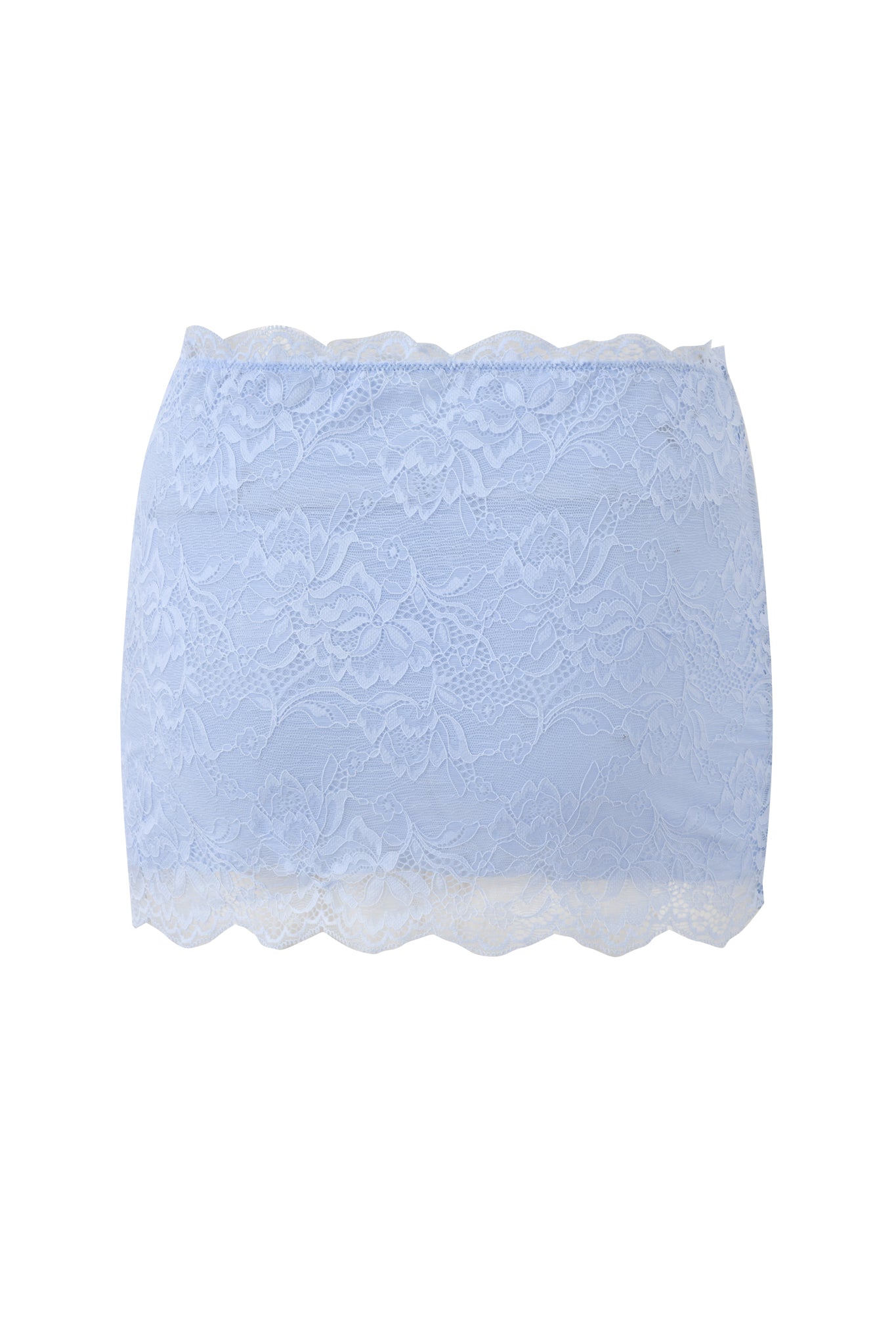The SALLI LACE MINI SKIRT in baby blue by I.AM.GIA features floral lace and scalloped edges—perfect for pairing with a bandeau or wearing as a chic swim coverup.