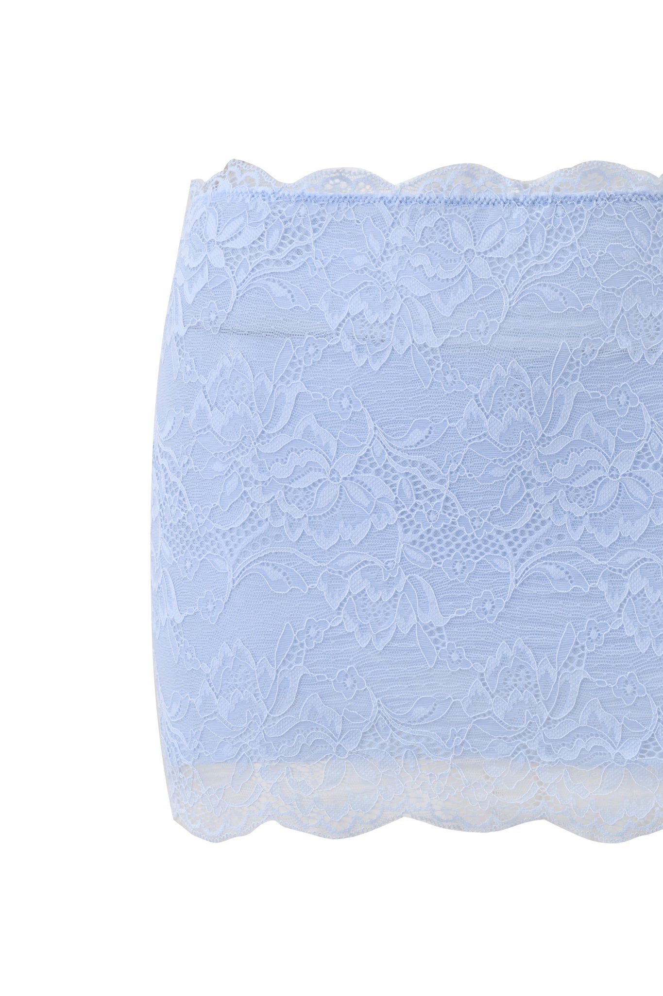 The SALLI LACE MINI SKIRT in baby blue by I.AM.GIA features sheer floral lace, scalloped edges, and a delicate texture—ideal for a chic swim coverup or trendy mini skirt—shown here against a plain white background.