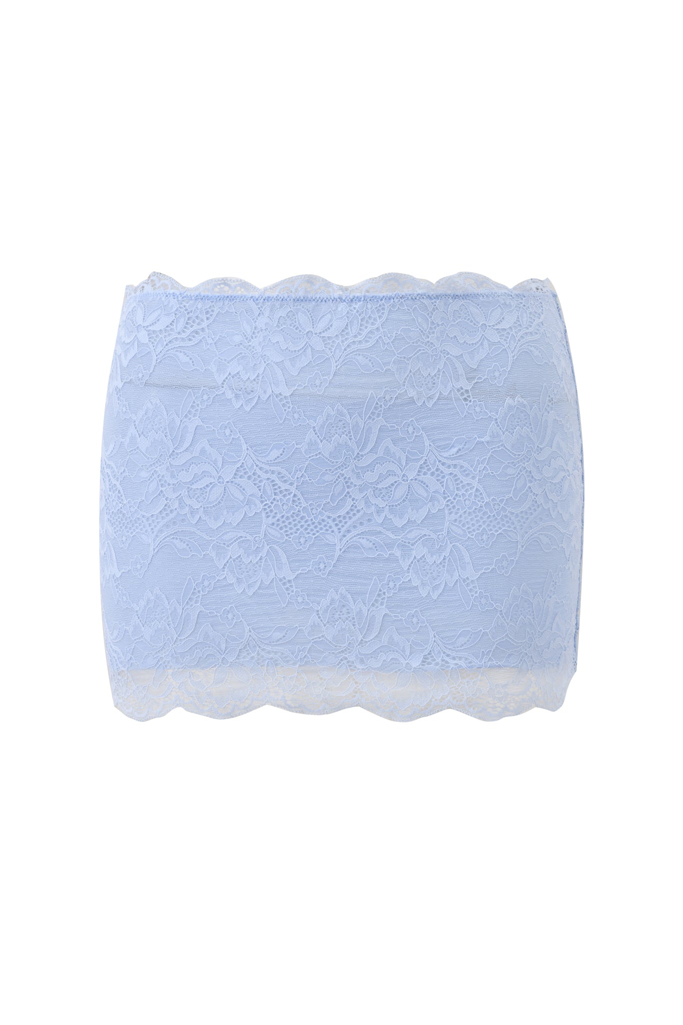 The I.AM.GIA SALLI LACE MINI SKIRT in baby blue features delicate floral lace and scalloped edges, perfect for stylish pairings or as a chic swim coverup. Displayed on a plain white background.
