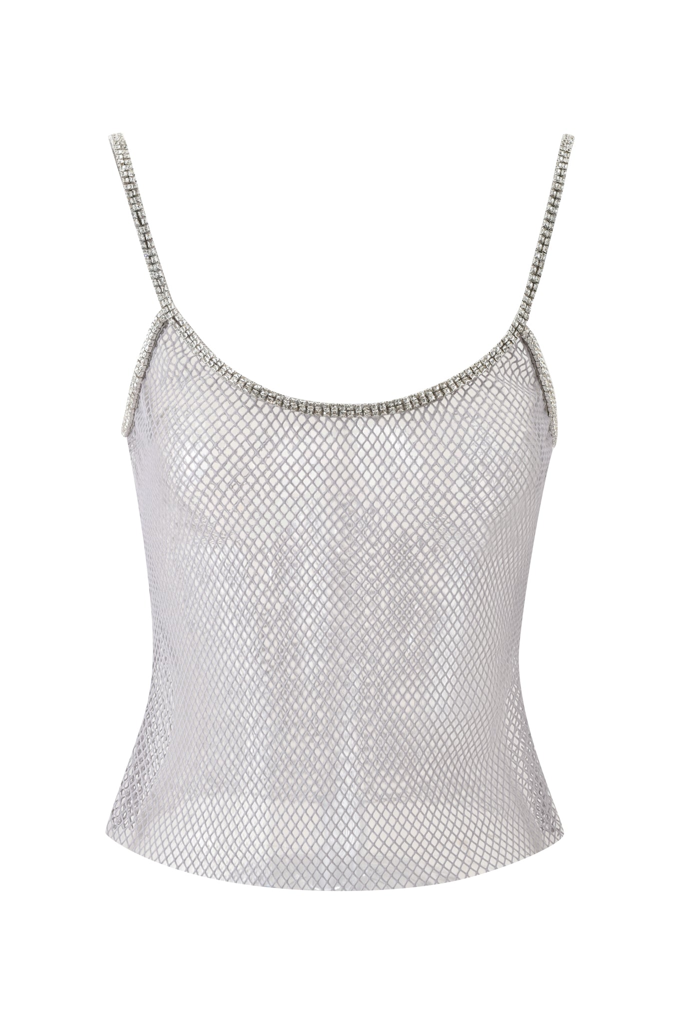 The CIARA DIAMANTE TANK by I.AM.GIA is a silver, sleeveless mesh top featuring thin spaghetti straps and a metallic texture, shown on a white background.