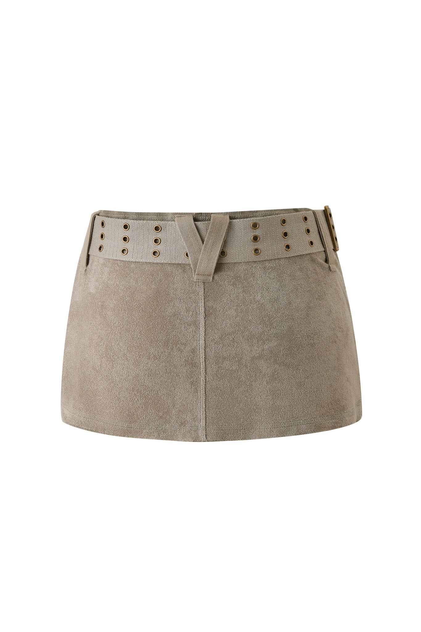 The ISSHA TERRY MINI SKIRT - STONE by I.AM.GIA is a beige suede low-rise mini skirt with a matching wide belt featuring gold eyelets and buckle detail, shown against a white background.
