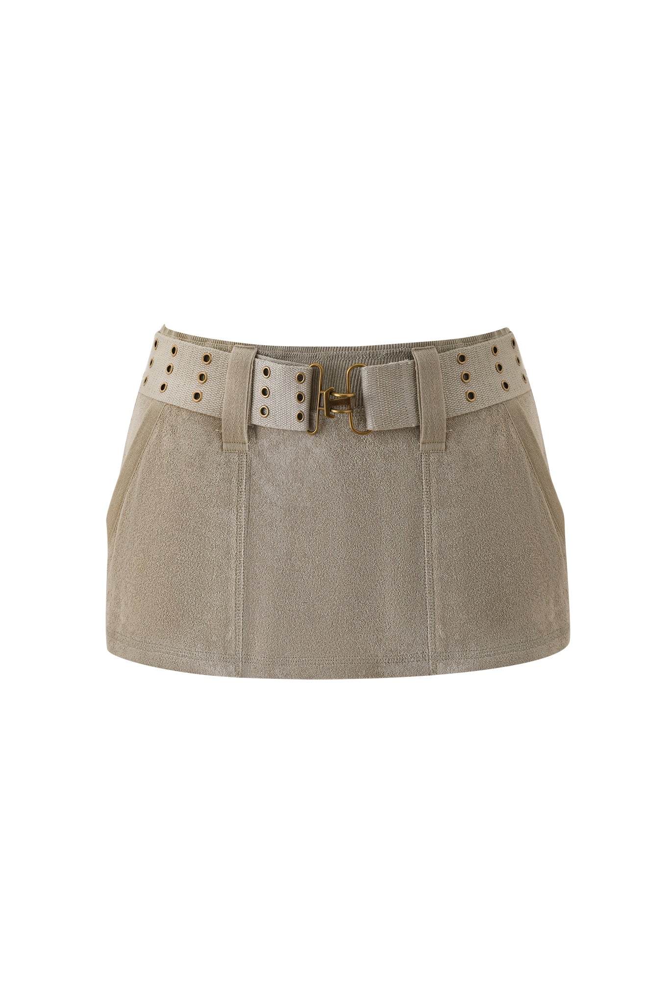 The I.AM.GIA ISSHA TERRY MINI SKIRT - STONE is a beige suede low-rise mini skirt with a wide matching belt featuring gold grommets and buckle, plus two diagonal front pockets, shown against a white background.