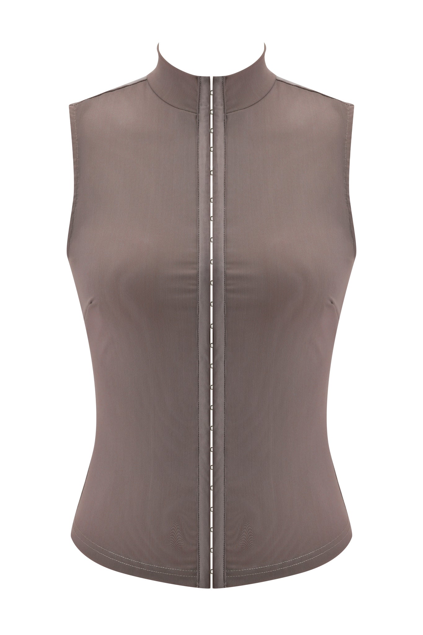 The I.AM.GIA ISELA TANK TOP in mocha features a bodycon fit, sleeveless mesh design, high collar, semi-sheer finish, and a central vertical seam, shown against a white background.