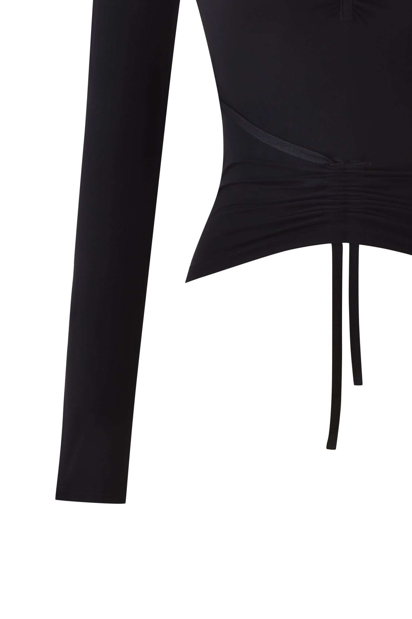 Close-up of the I.AM.GIA ASHA LONG SLEEVE TOP in black, featuring a fitted design, drawstring and subtle ruching at the waist. Only part of one sleeve is visible, and the smooth fabric creates a sleek look from chest to hip.