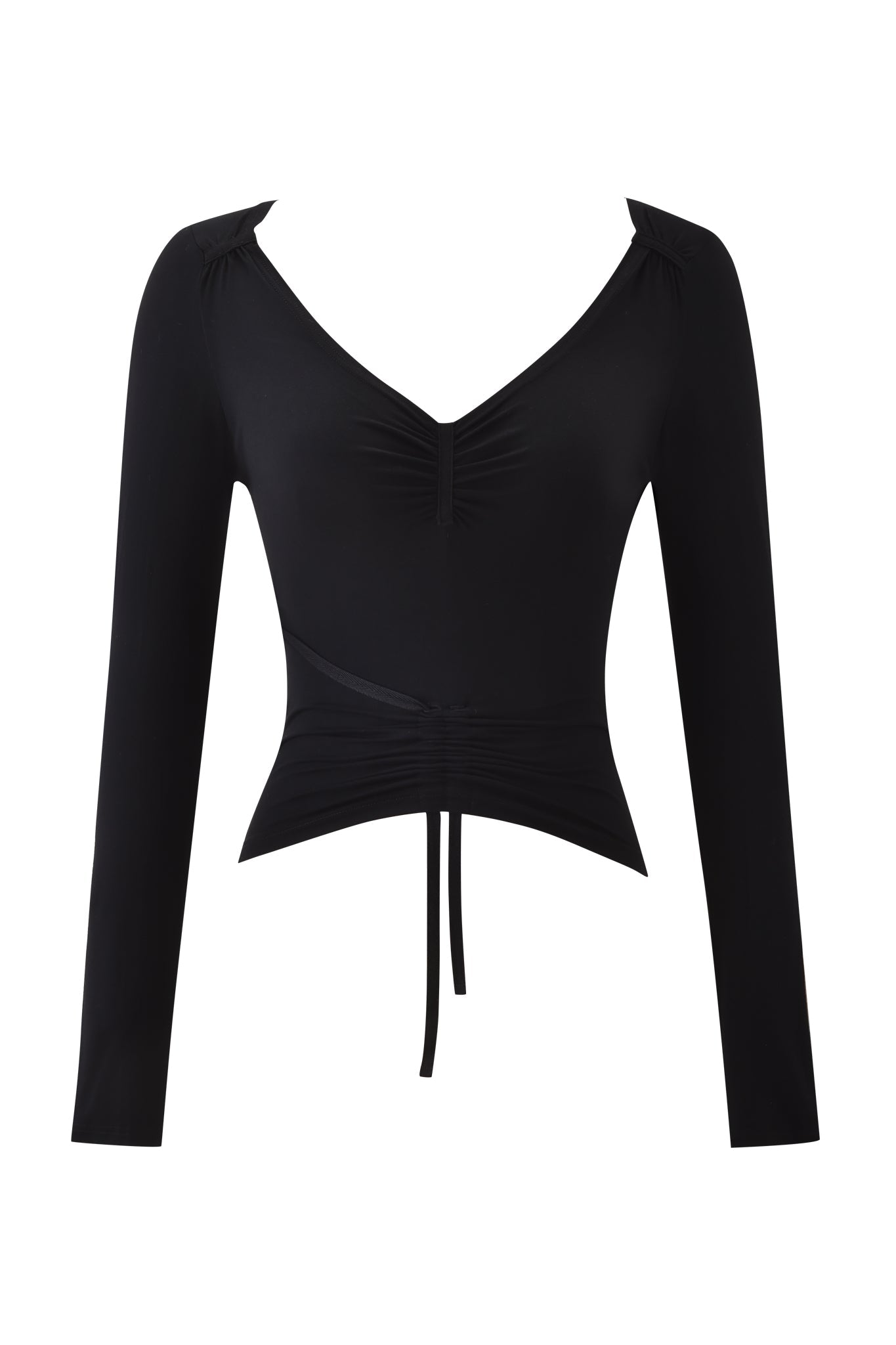 The I.AM.GIA ASHA LONG SLEEVE TOP - BLACK features a fitted silhouette, V-neckline, chest and waist ruching, and a center front drawstring tie, shown on a white background.