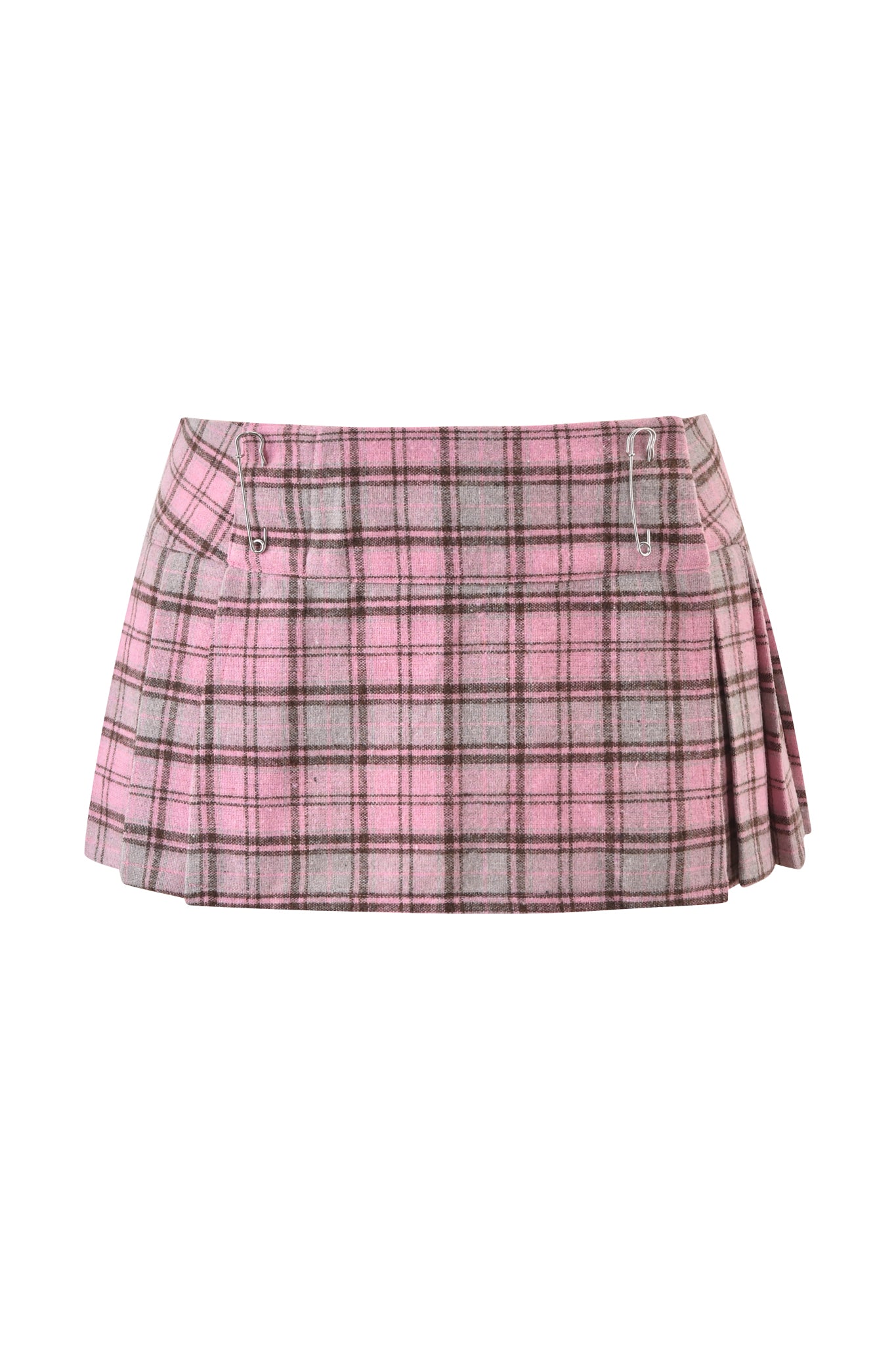 The I.AM.GIA BETTY MICRO MINI SKIRT in pink plaid features pleats and two silver safety pins on the front waistband, giving a playful twist to a classic style.