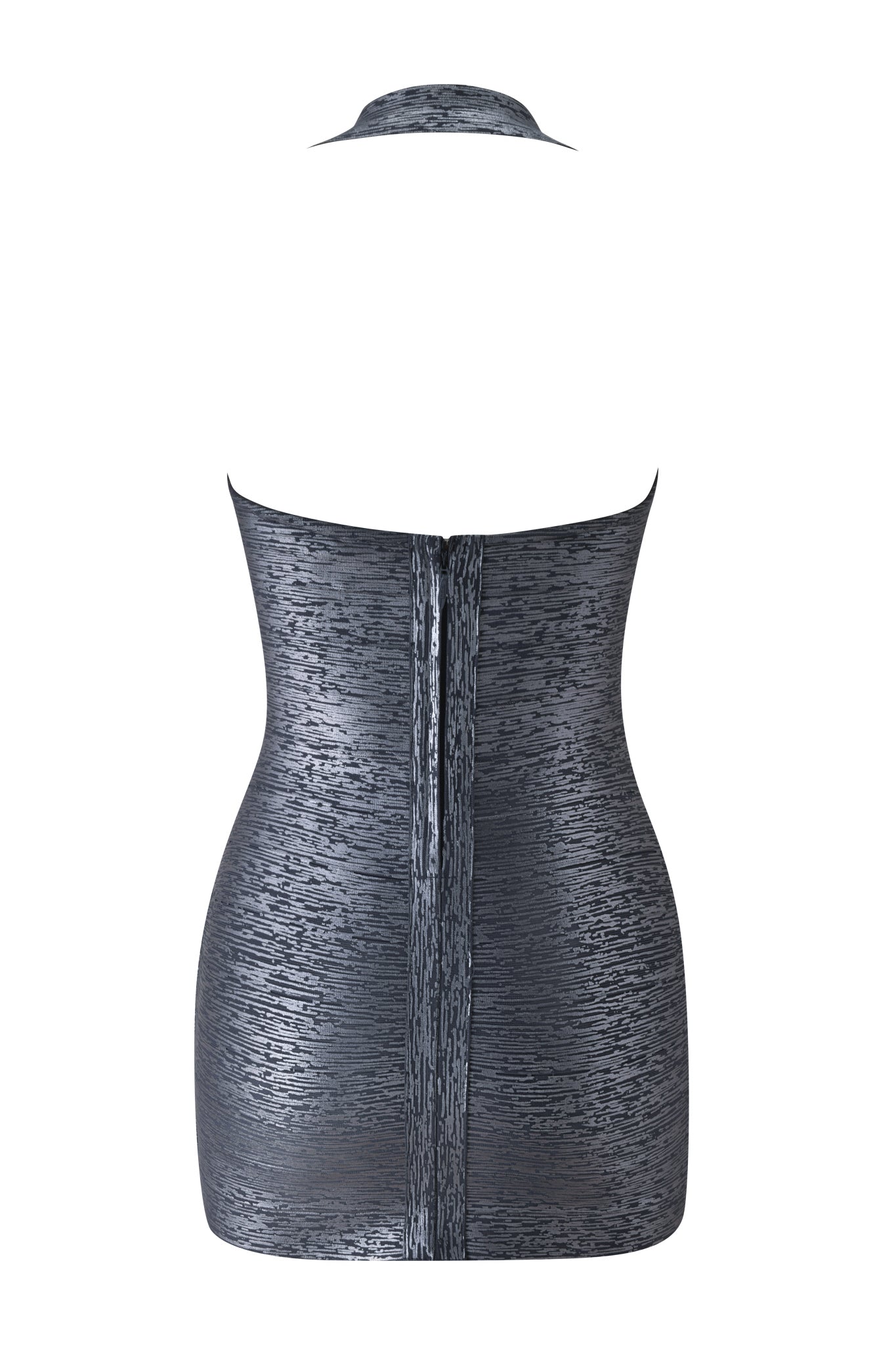 The AIDEN PLATINUM BANDAGE MINI DRESS by I.AM.GIA features a charcoal metallic finish, a sleeveless halter-neck design, and a textured bodycon silhouette, showcased from the back with a central vertical seam.