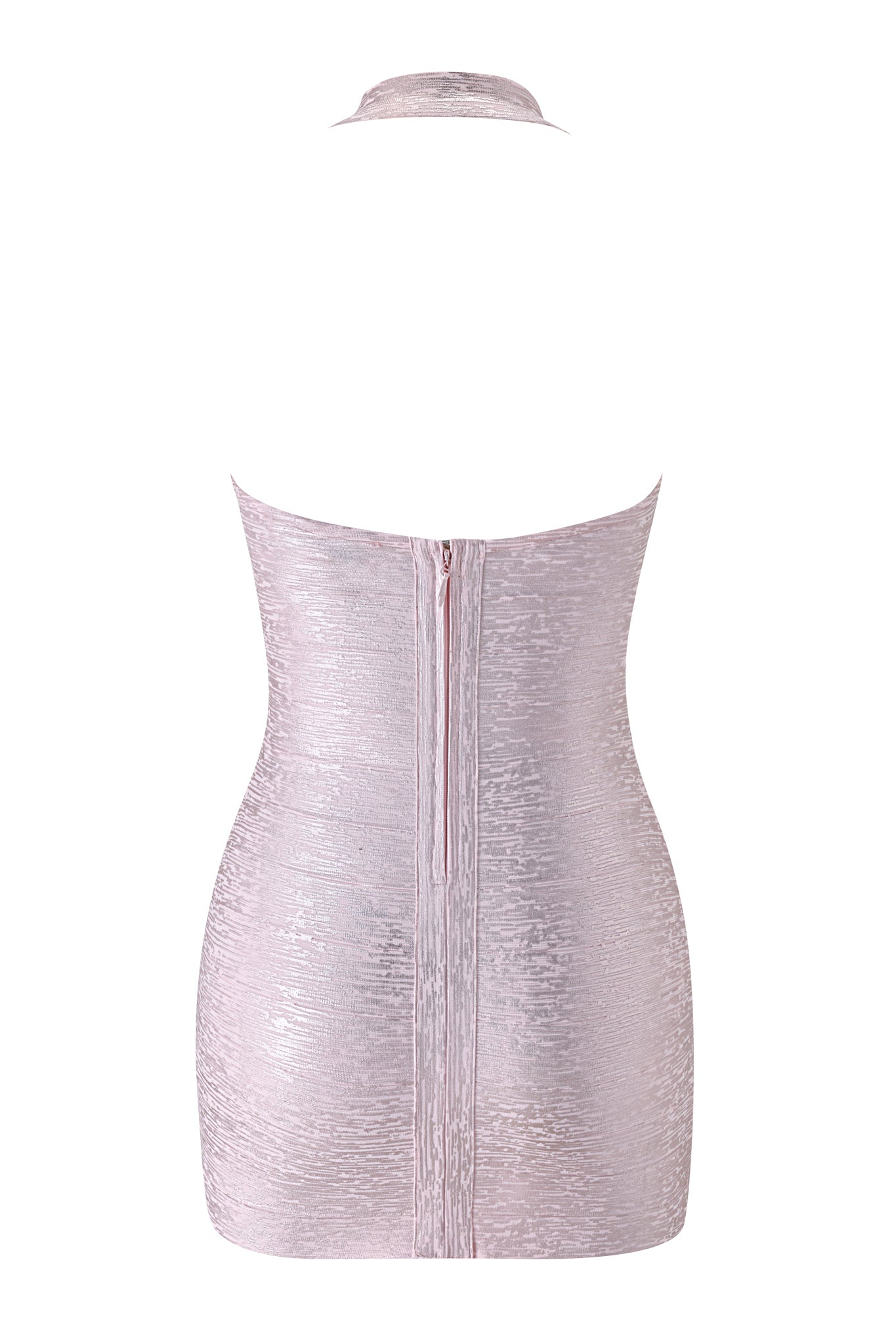Back view of the AIDEN PLATINUM BANDAGE MINI DRESS in Pink Pearl by I.AM.GIA, showcasing a pale pink, textured bodycon silhouette with a matching choker and a visible rear zipper closure. The subtly shimmering fabric evokes the allure of a metallic mini dress and highlights its fitted design.