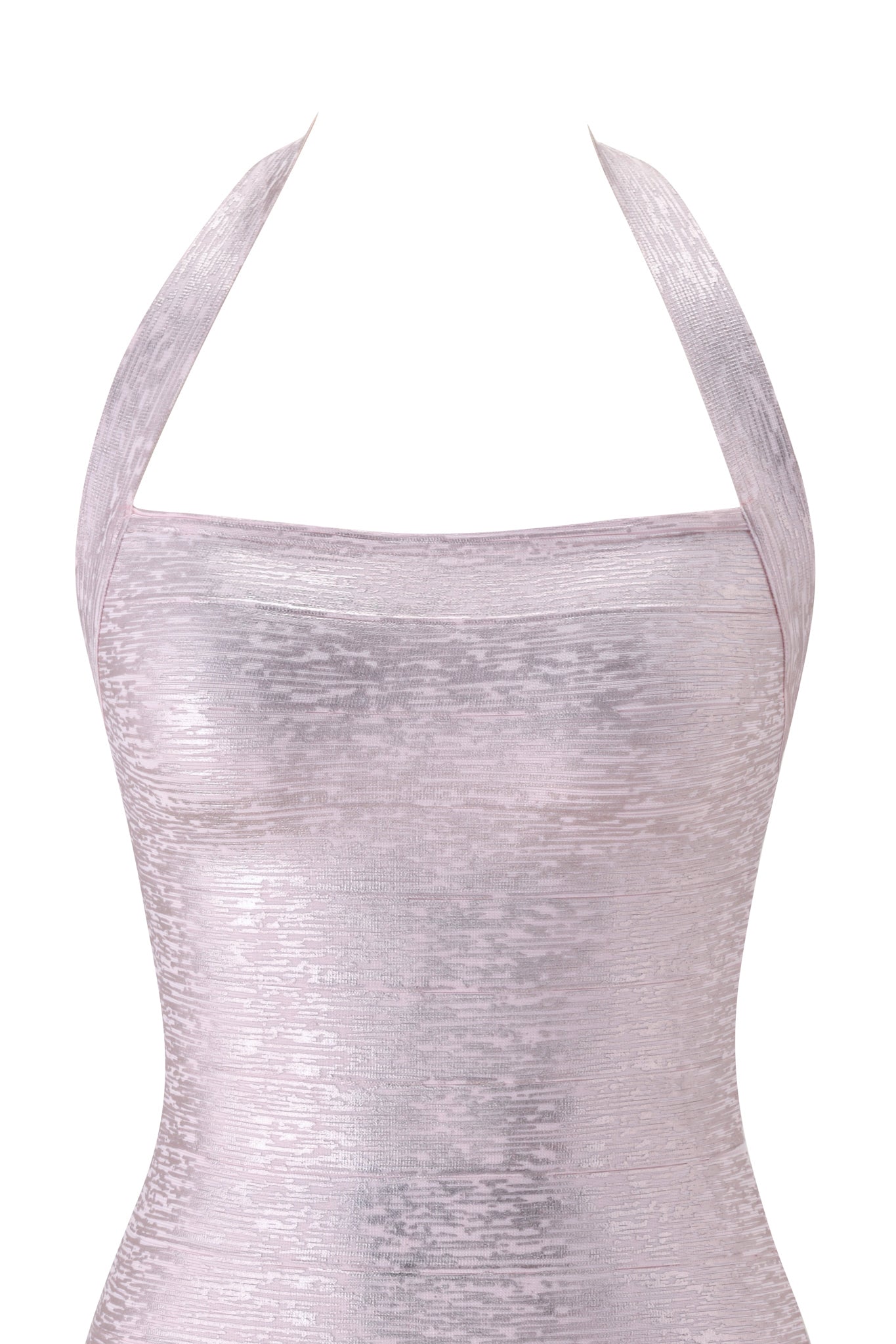 A close-up of the AIDEN PLATINUM BANDAGE MINI DRESS in Pink Pearl by I.AM.GIA on a mannequin, highlighting its sleeveless, shimmery bodycon fit and halter neckline against a white background.