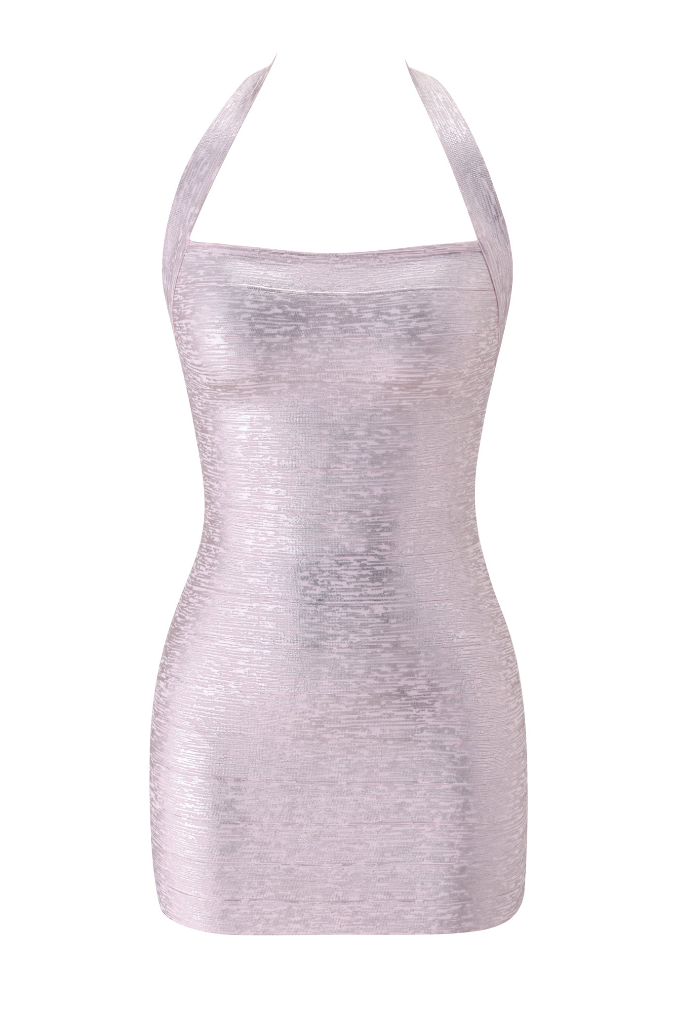 The AIDEN PLATINUM BANDAGE MINI DRESS in Pink Pearl by I.AM.GIA features a pale pink halter neckline, metallic textured fabric, and a fitted silhouette, shown against a white background.