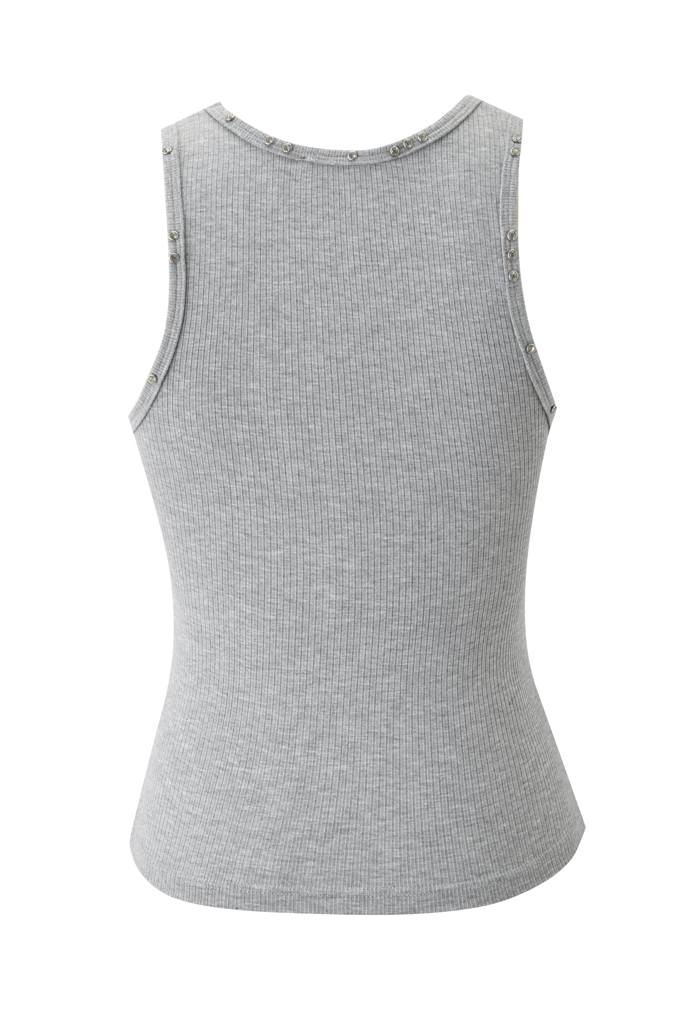 The INA TANK - HEATHER GREY by I.AM.GIA is a sleeveless, fitted ribbed tank with a racerback and subtle silver rhinestone edging, shown in a back view.