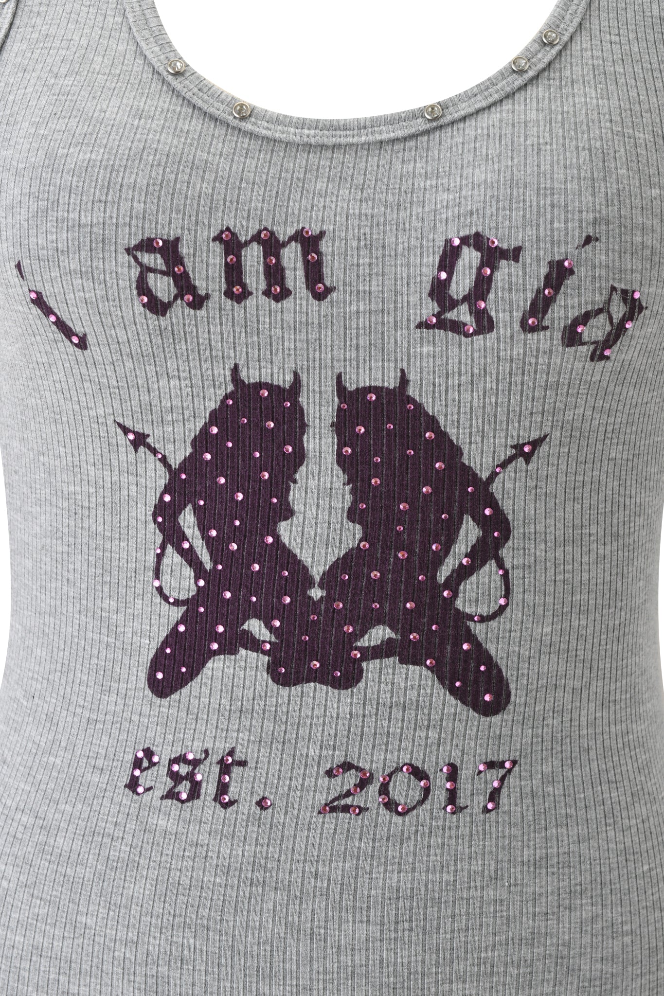 The I.AM.GIA INA TANK in heather grey features a ribbed bodycon racer style, "I.AM.GIA est. 2017" text, and two mirrored devil silhouettes outlined with pink rhinestones at the center.