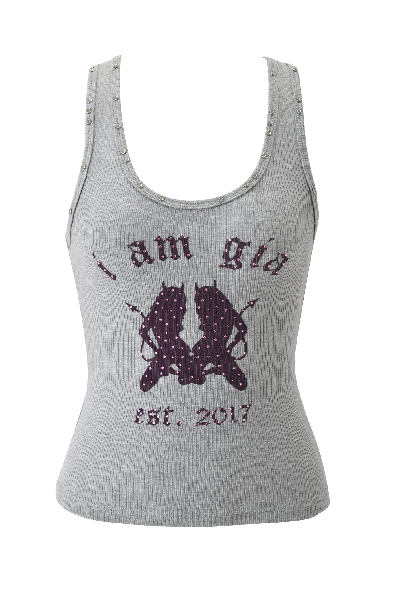The INA TANK - HEATHER GREY by I.AM.GIA is a gray ribbed tank with silver-studded straps, rhinestone accents, and a graphic of two purple cats plus "I am Gia" and "Est. 2017" on the front.