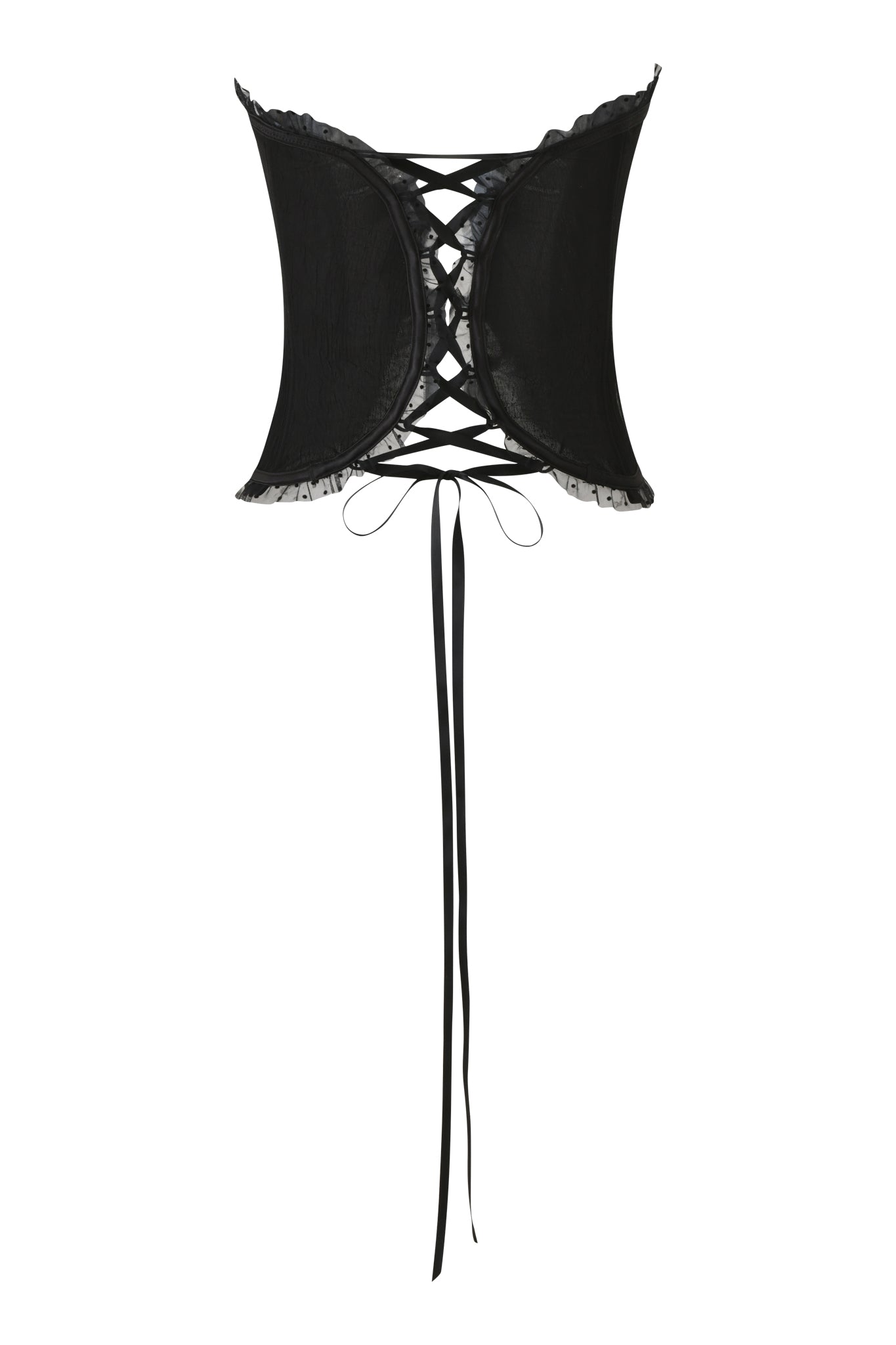 The CIRA CORSET - BLACK by I.AM.GIA is a strapless corset with lace-up back, ribbon ties, a sweetheart neckline, and delicate lace trim on the top and bottom edges.