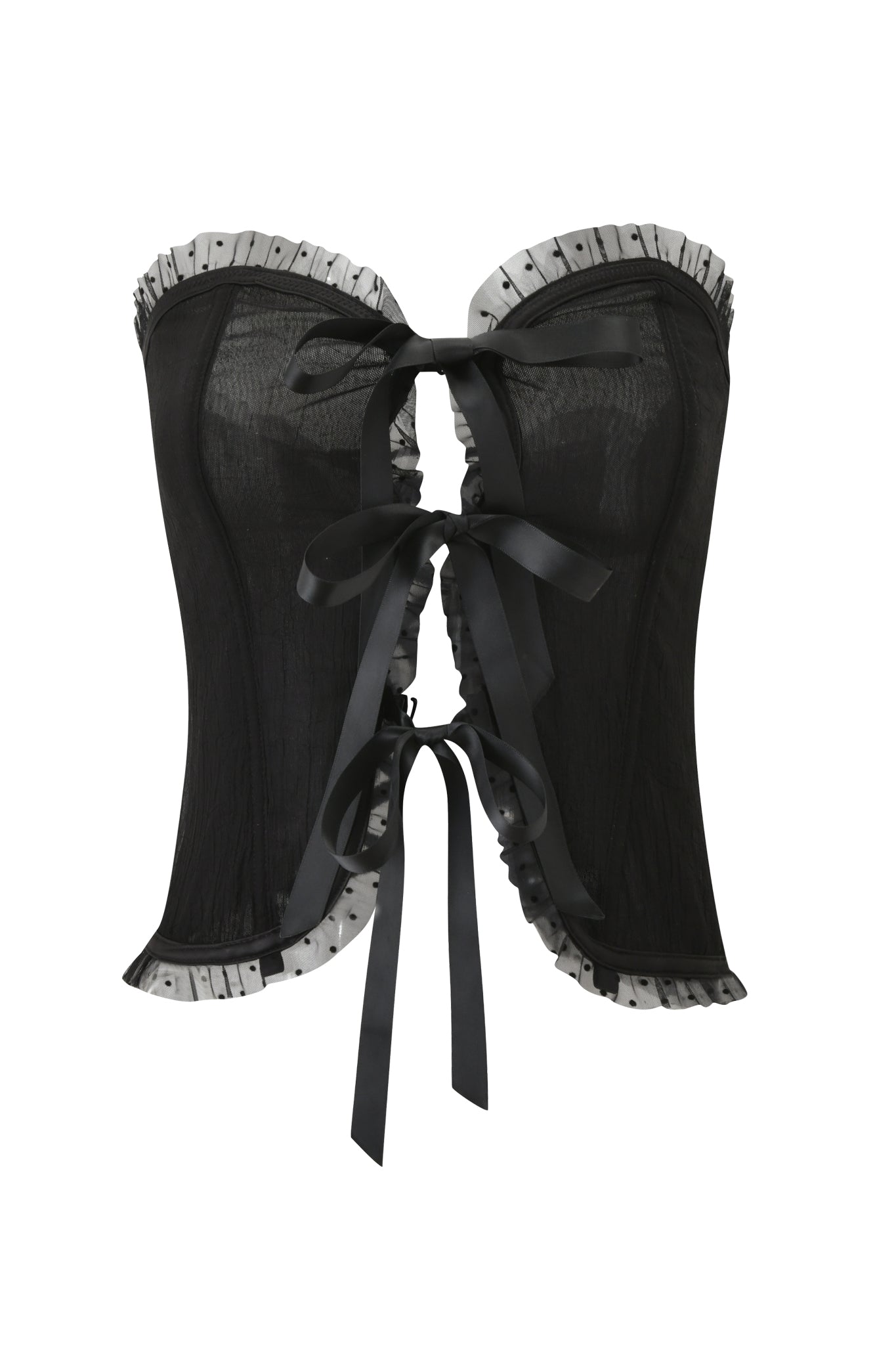 The CIRA CORSET - BLACK by I.AM.GIA features a strapless sheer black design with a sweetheart neckline, front black satin ribbon lacing, and white ruffled trim on the top and bottom edges.