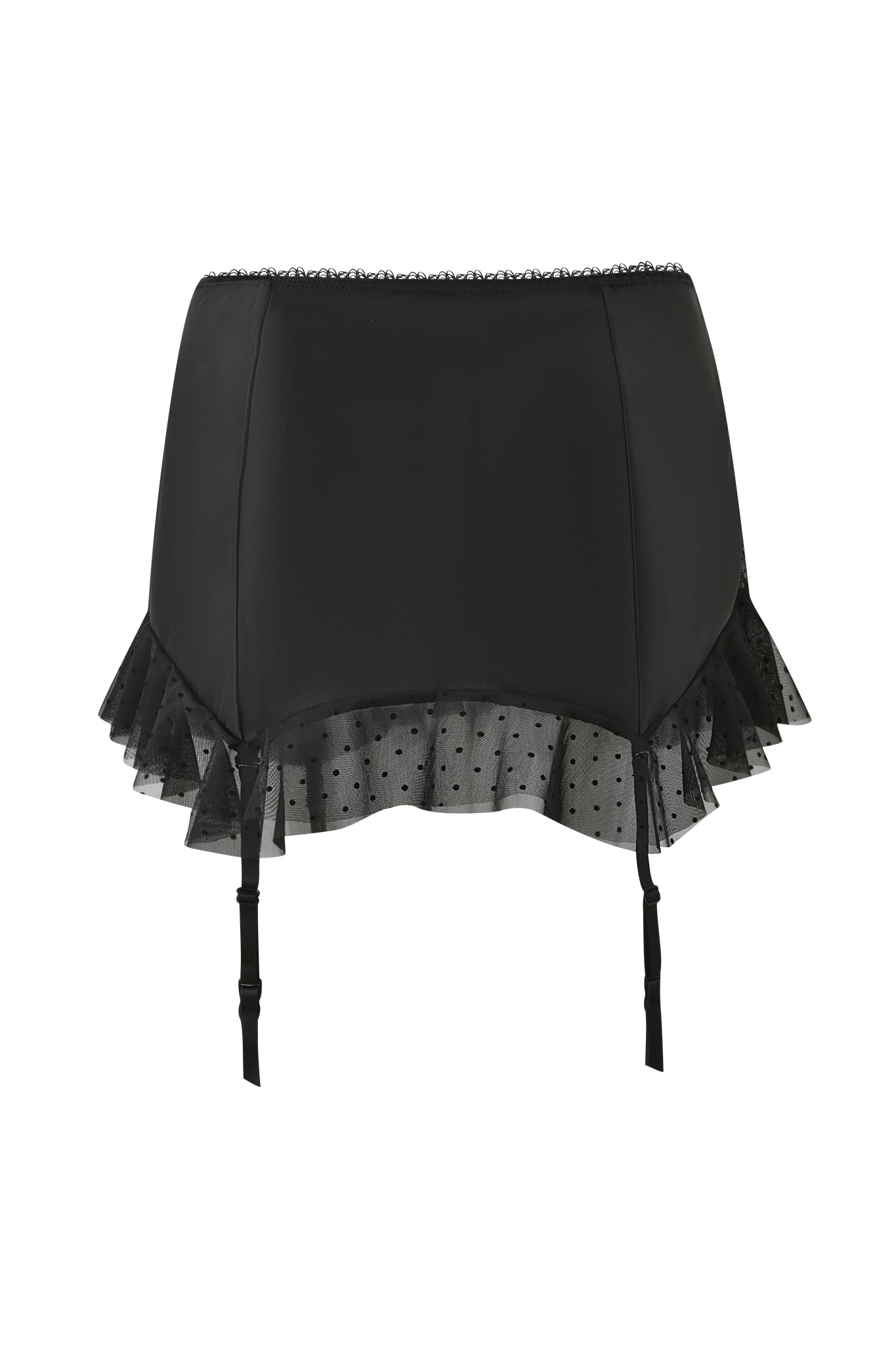 The I.AM.GIA CIRA GARTER MINI SKIRT - BLACK is a satin mini skirt with sheer polka dot mesh ruffles at the hem and two adjustable garter straps hanging in front.