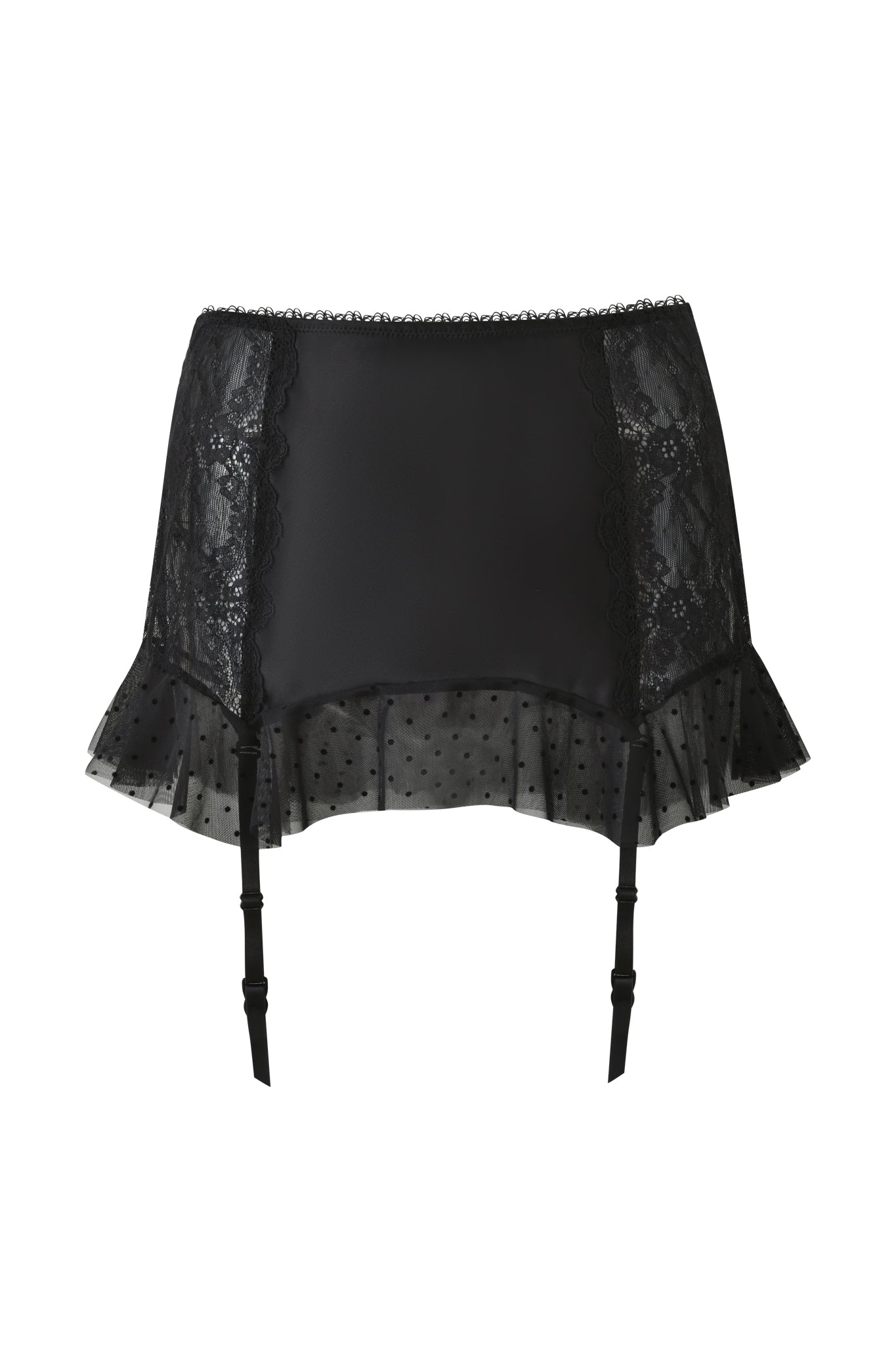 The CIRA GARTER MINI SKIRT by I.AM.GIA features black lace with sheer side panels, a ruffled polka dot chiffon hem, and adjustable front straps.
