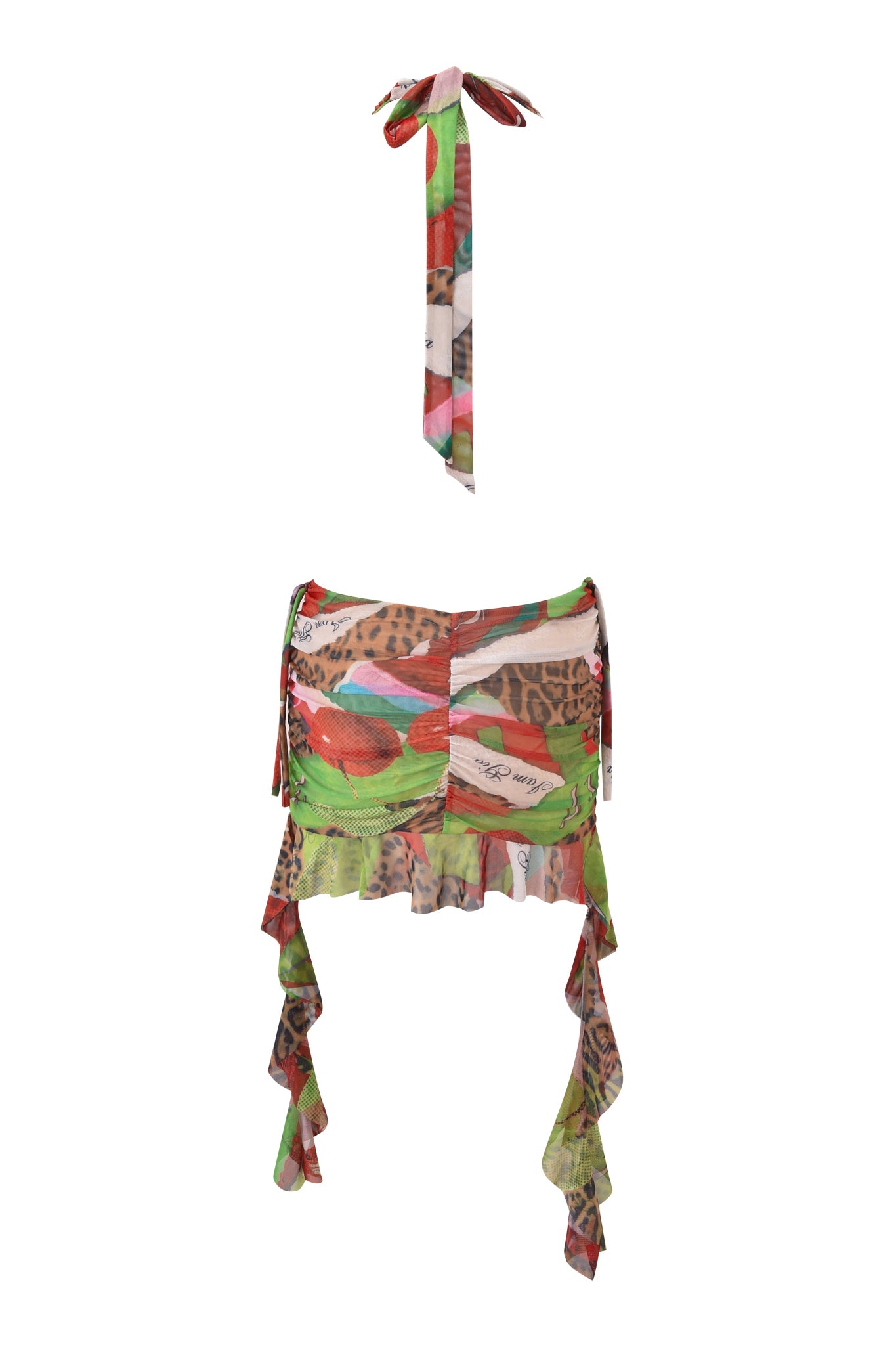 The AERIN MINI DRESS - WILD CHERRY by I.AM.GIA is a colorful two-piece set with a tie halter top and matching mini skirt, featuring ruched details, ruffled hem, and wild cherry print in green, red, and beige abstract animal patterns.