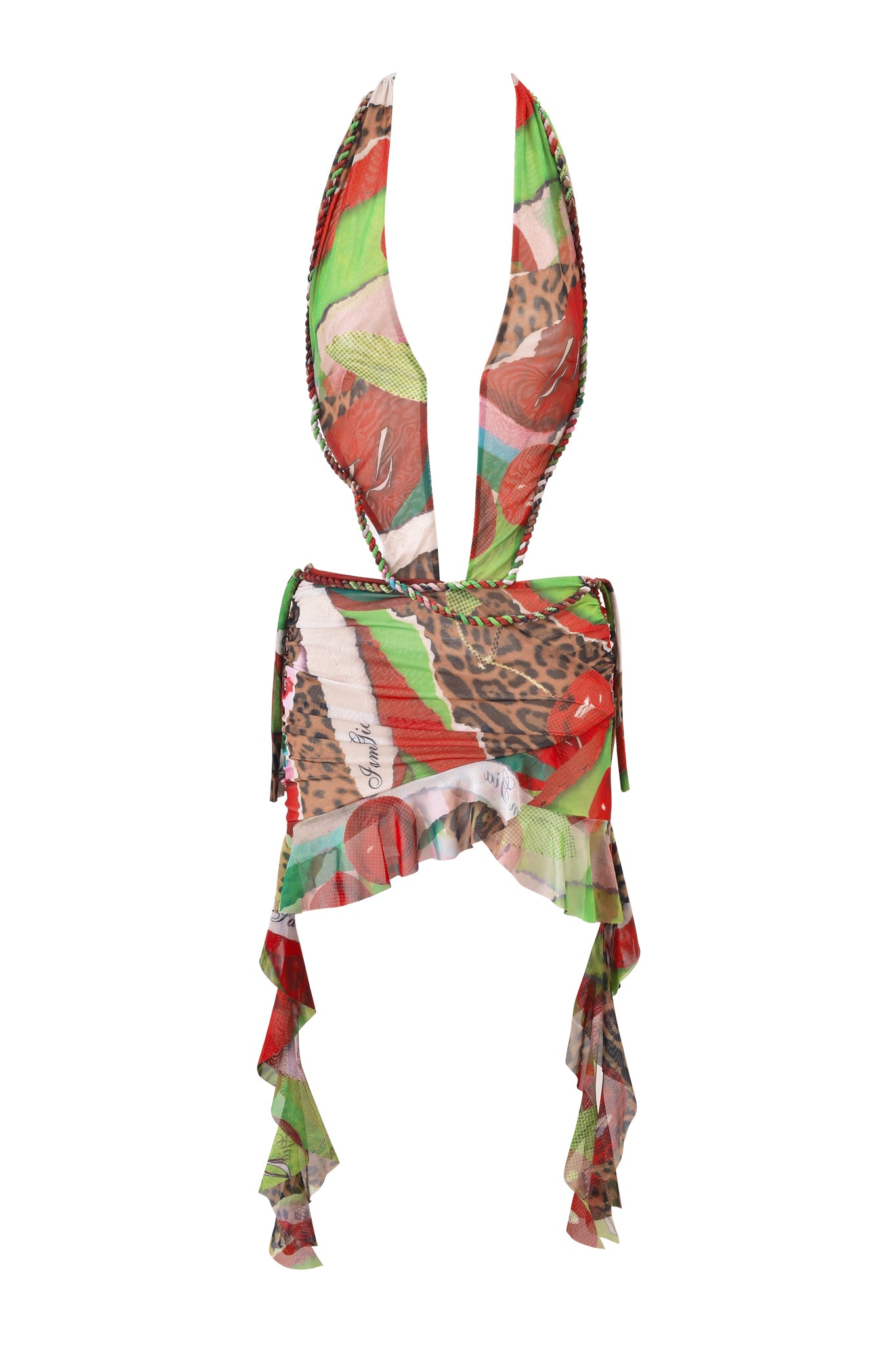 The I.AM.GIA AERIN MINI DRESS in Wild Cherry features a colorful print with red, green, white, and animal patterns. It has ruffled asymmetrical edges and a bold V neckline for a vibrant look.