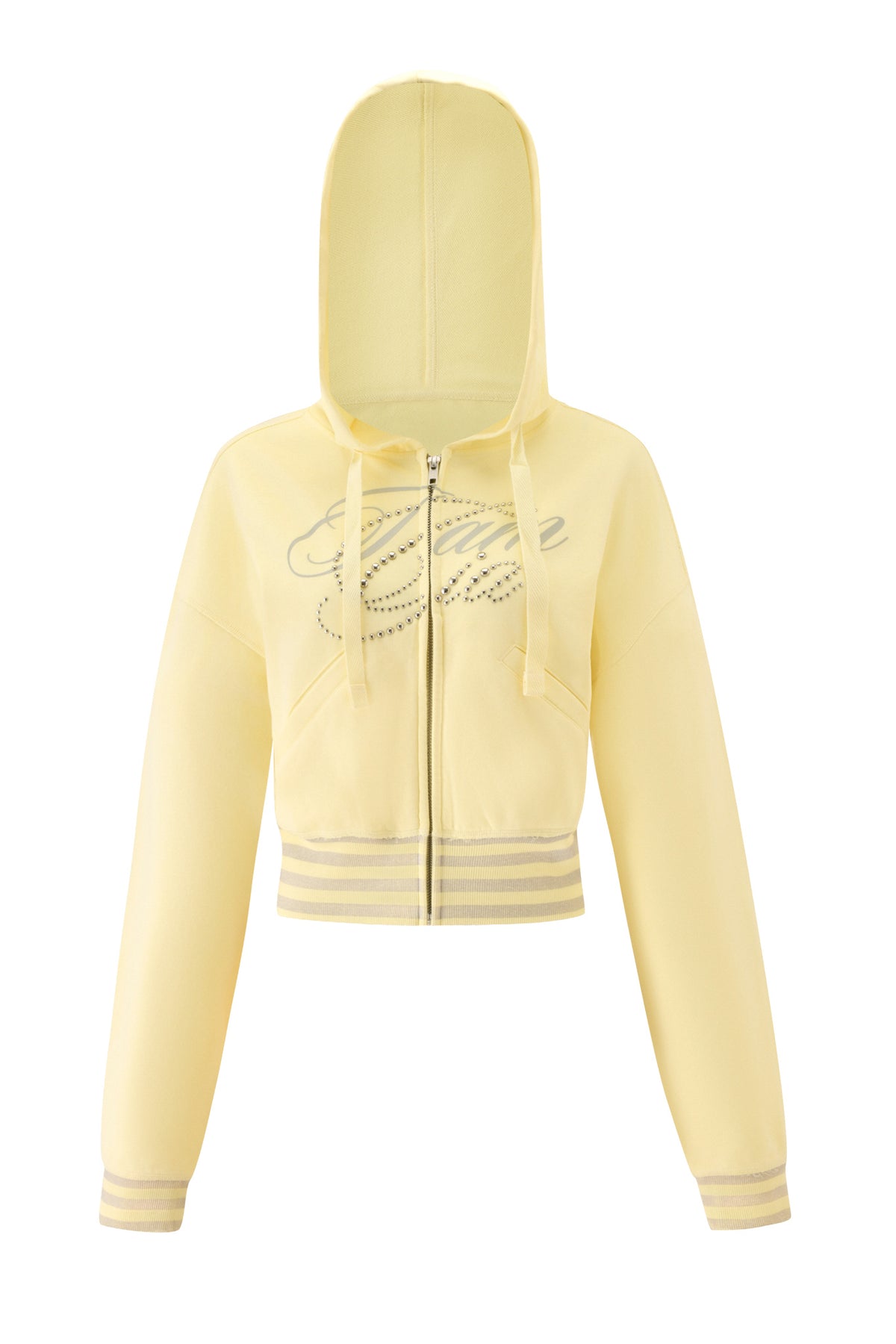 Introducing the VEDA JACKET - YELLOW by I.AM.GIA: a vibrant yellow zip-up hoodie featuring a front zipper, cozy hood, and striped detailing on the cuffs and hem. The word “Baby” is elegantly scripted in silver across the chest, adding a playful touch to this standout piece.