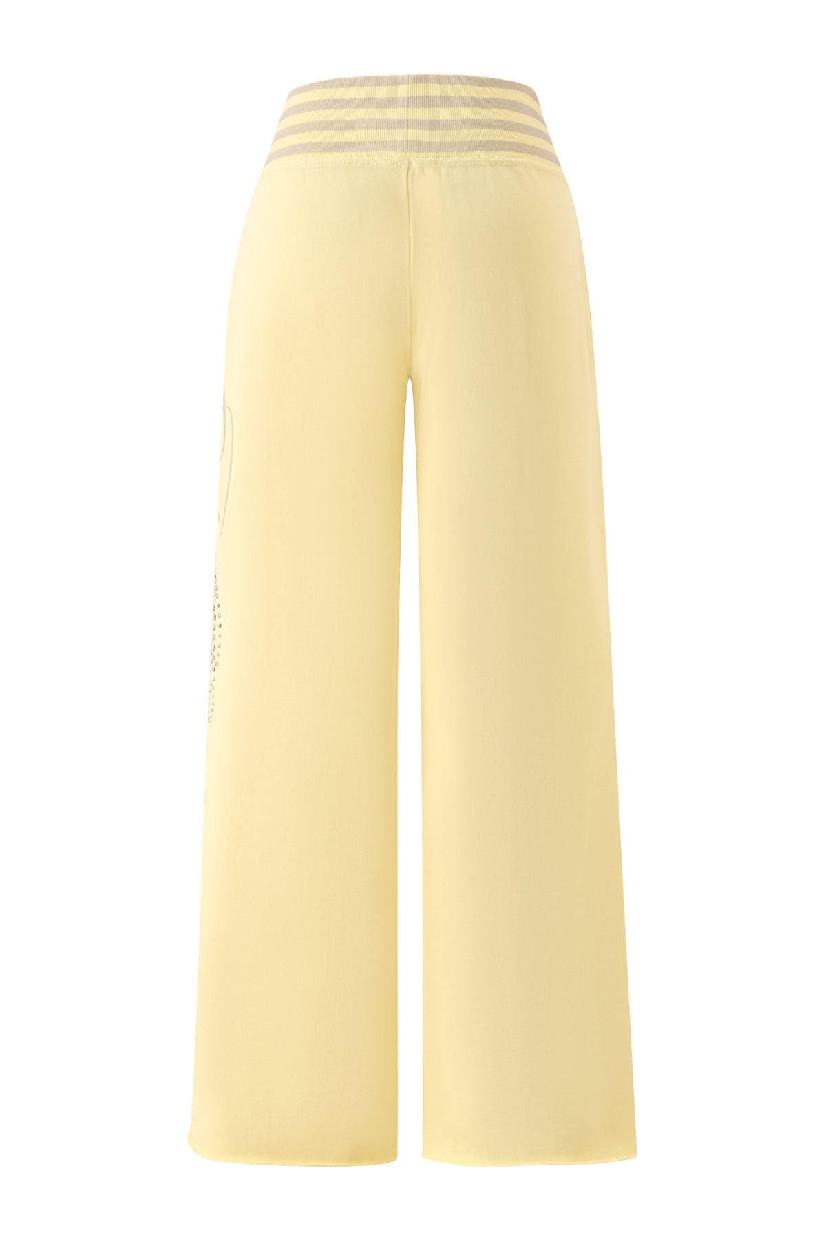 The VEDA PANT - YELLOW by I.AM.GIA features a high-waisted, wide-leg design in yellow with a striped waistband and a relaxed-fit track pant silhouette, displayed from the back against a white background.