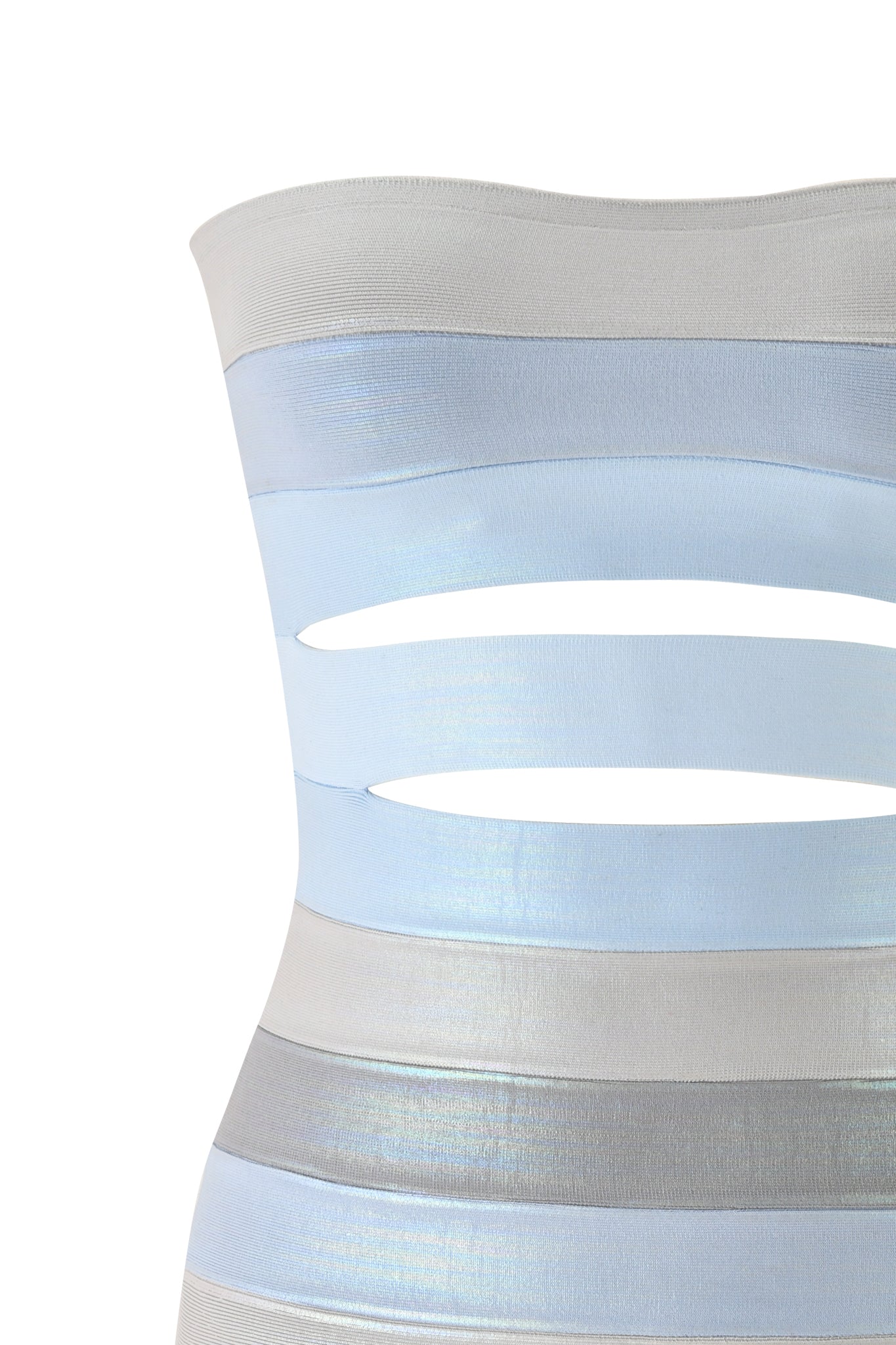 The ZUNA PLATINUM BANDAGE MINI DRESS by I.AM.GIA is a strapless, bodycon mini dress in white, baby blue, and gold color-block bands with a metallic sheen and a waist cut-out.