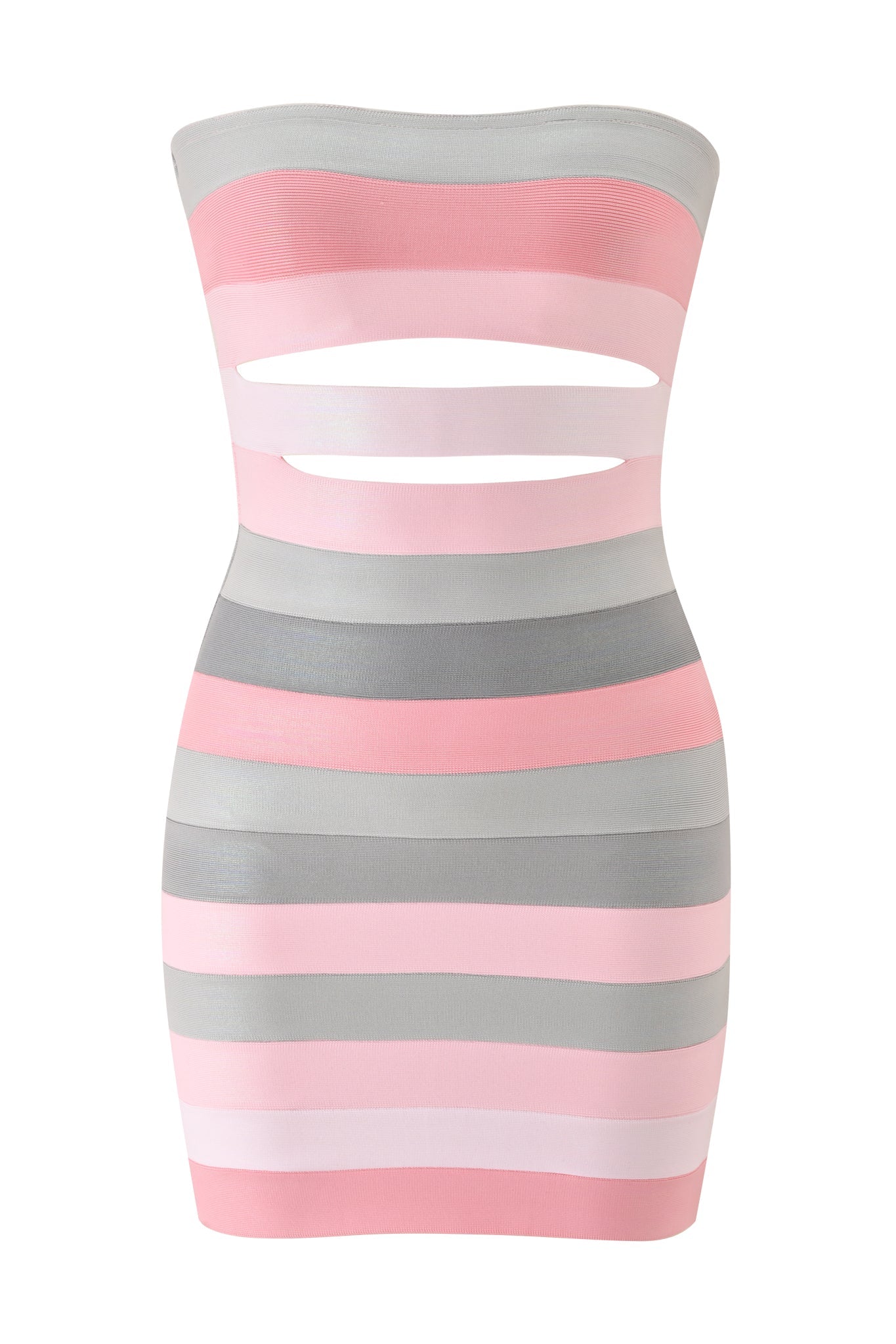 The ZUNA PLATINUM BANDAGE MINI DRESS by I.AM.GIA is a strapless pastel pink mini with horizontal pink, gray, and white stripes and two bold midsection cutouts for a flirty look.