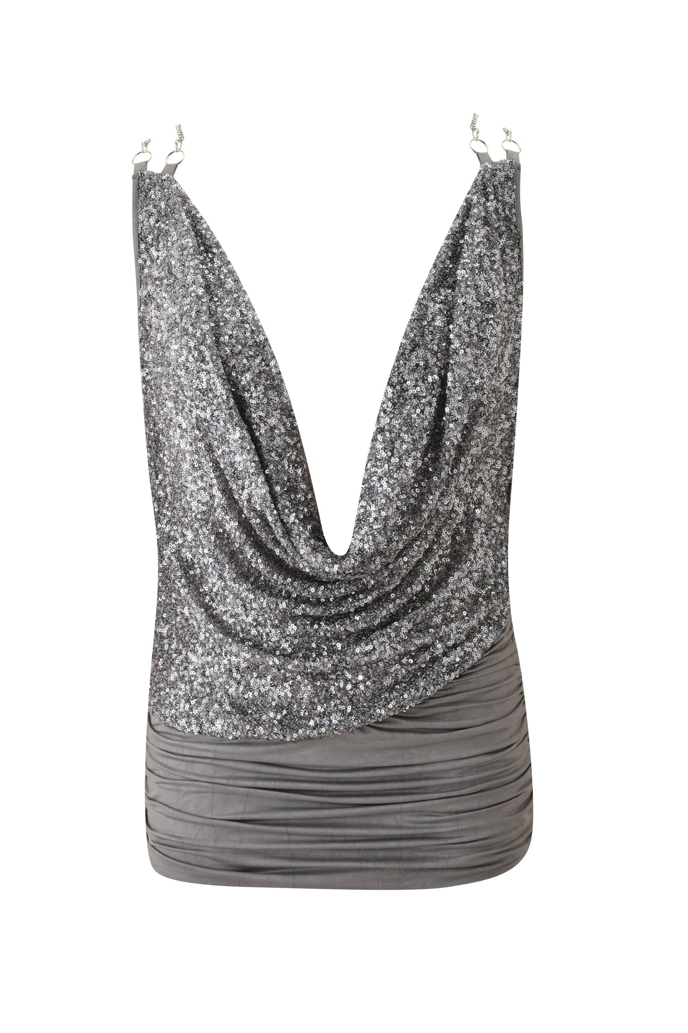 The LEXX MINI DRESS by I.AM.GIA is a sleeveless silver piece featuring a glittery, textured finish, draped asymmetrical neckline, ruched fitted waist, and silver-detailed straps for a sparkly mini dress look.