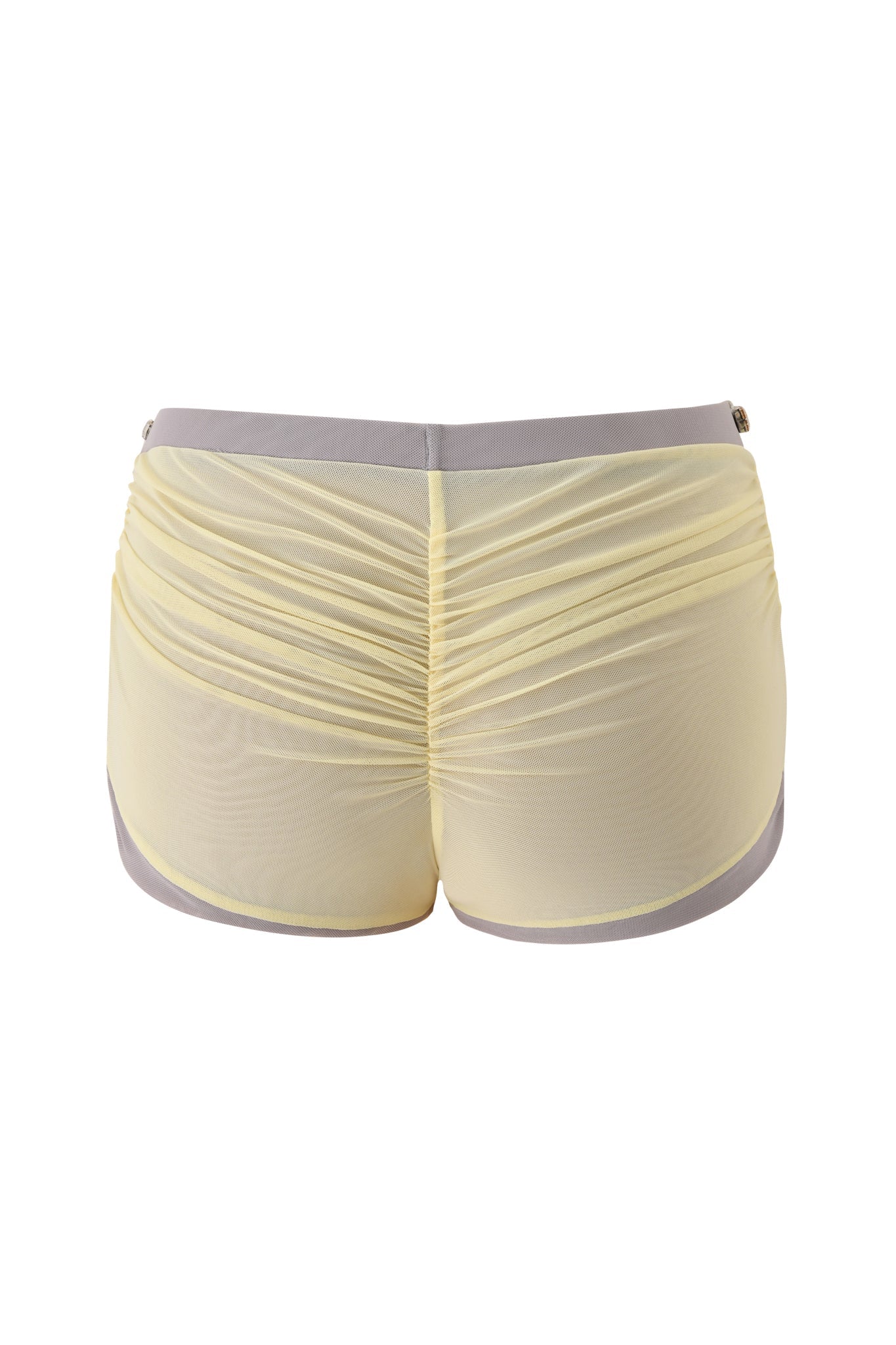 The AMATHA SHORT - BUTTER YELLOW by I.AM.GIA features a low rise, butter yellow mesh with ruched details, light gray waistband and trim, shown from the back on a white background.