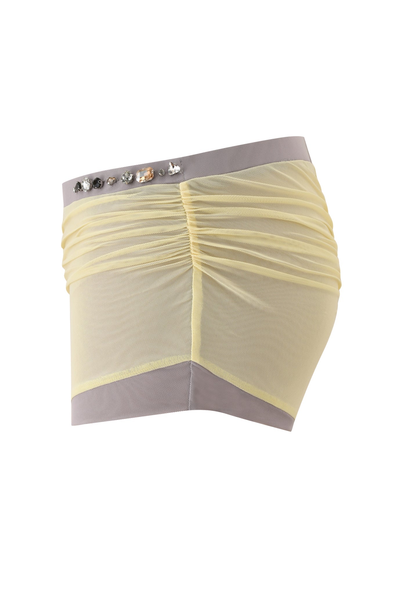The AMATHA SHORT - BUTTER YELLOW by I.AM.GIA features butter yellow mesh with sheer ruched detailing, a gray waistband and hem, and sparkling rhinestones along the low-rise waist.