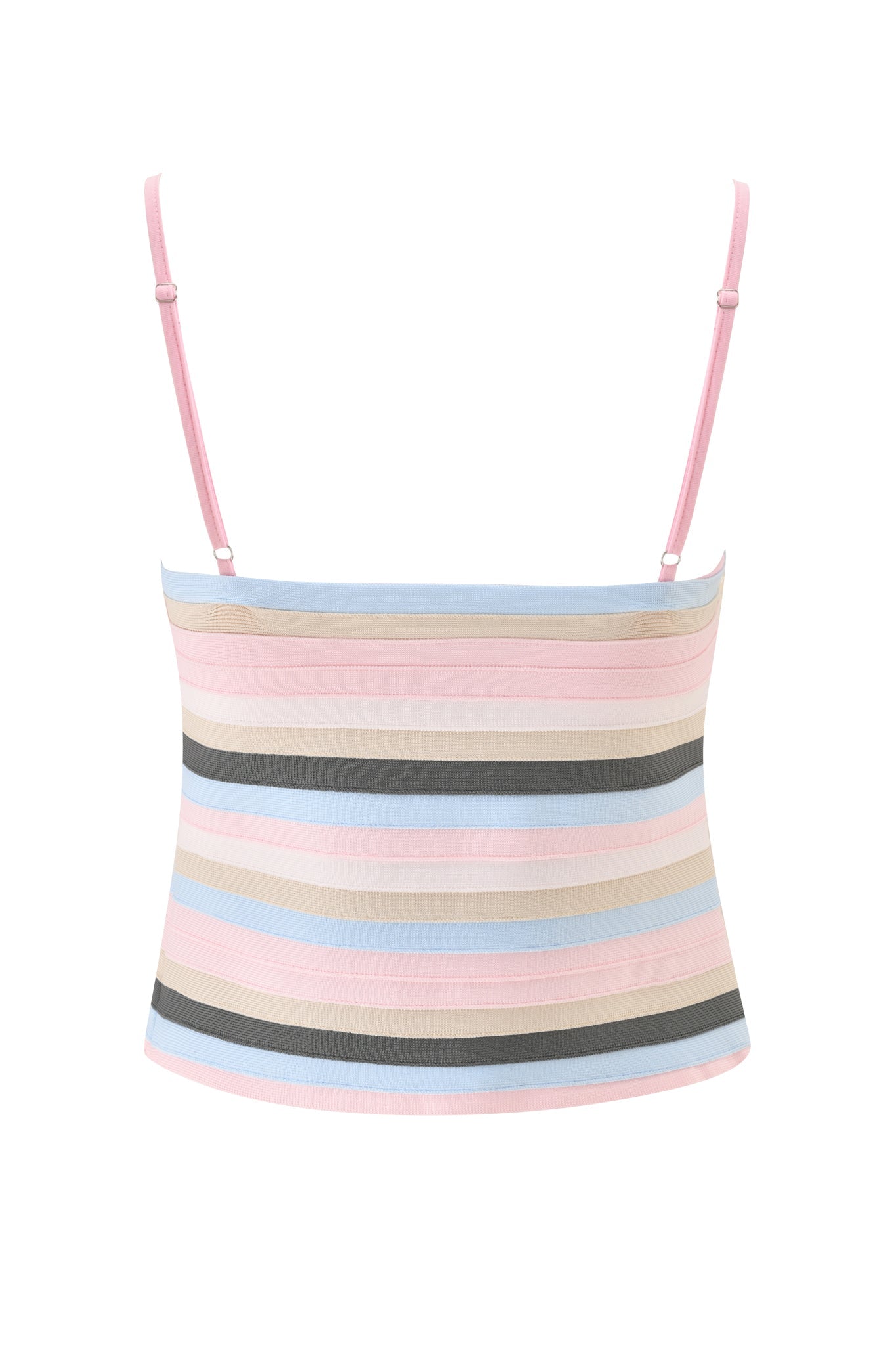 The NYNA BANDAGE CAMI TOP - BABY PINK by I.AM.GIA is a cropped bodycon camisole with thin, adjustable pink straps and horizontal pastel stripes of pink, blue, beige, gray, and white on a white background.