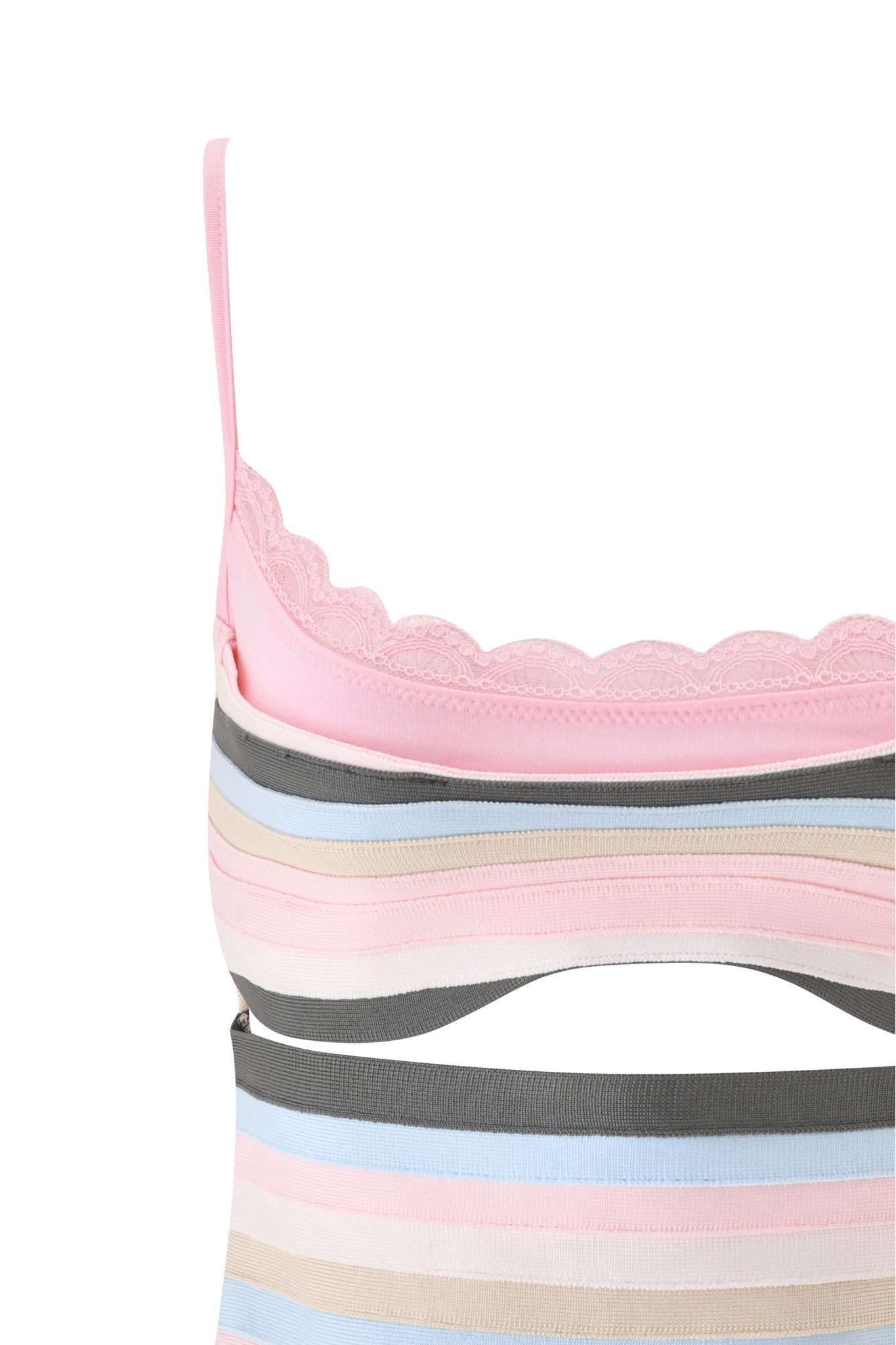 Close-up of the I.AM.GIA NYNA BANDAGE CAMI TOP in baby pink, featuring adjustable straps, scalloped lace trim, a midsection cutout, and horizontal pastel stripes in pink, gray, blue, and beige.