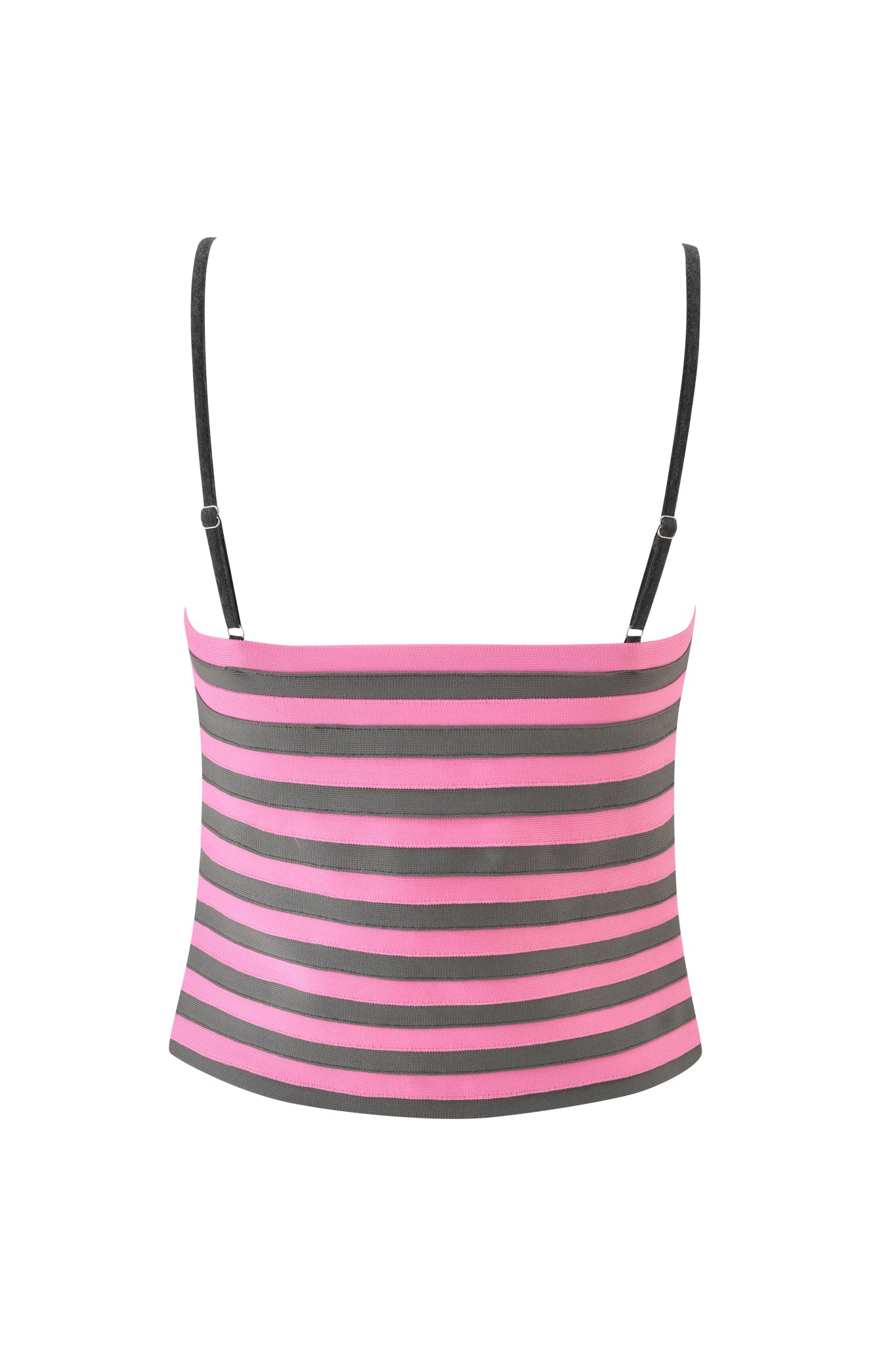 The NYNA BANDAGE CAMI TOP - HOT PINK by I.AM.GIA is a sleeveless, fitted bodycon crop top with thin black straps and horizontal pink and dark gray stripes, featuring bandage construction. Shown from the back on a plain white background.