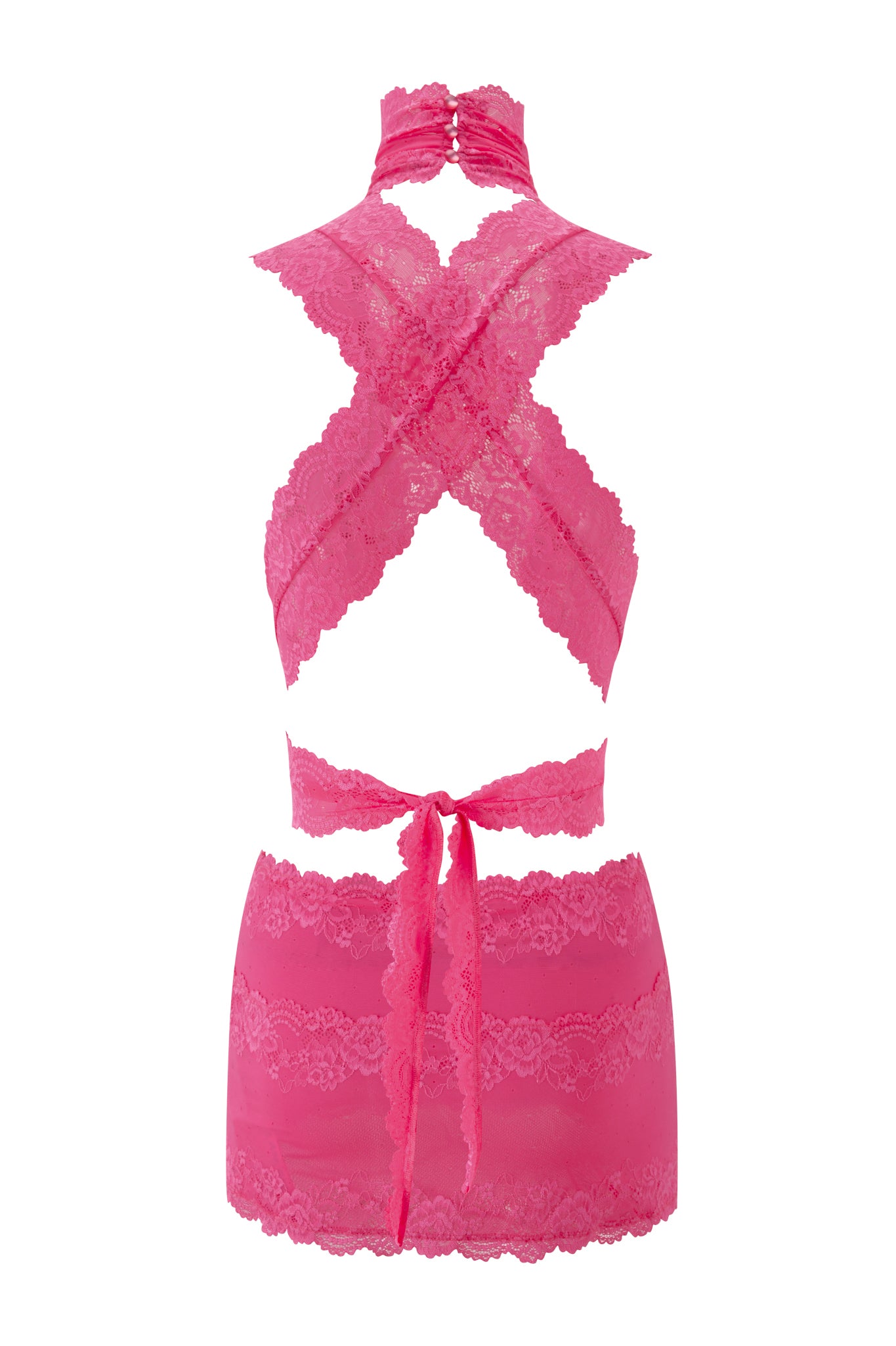 The STARLA MINI DRESS - PINK by I.AM.GIA features delicate floral lace, criss-cross wrap straps, an open back, and a short lace skirt with a matching sash for a flattering bodycon fit.