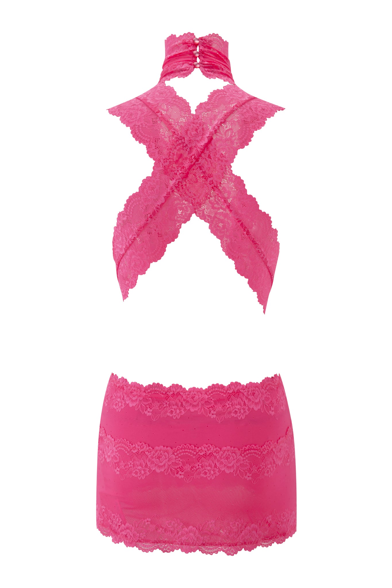 The STARLA MINI DRESS by I.AM.GIA is a bright pink, bodycon mini dress with a halter neck, crossed back straps, and floral lace patterns.