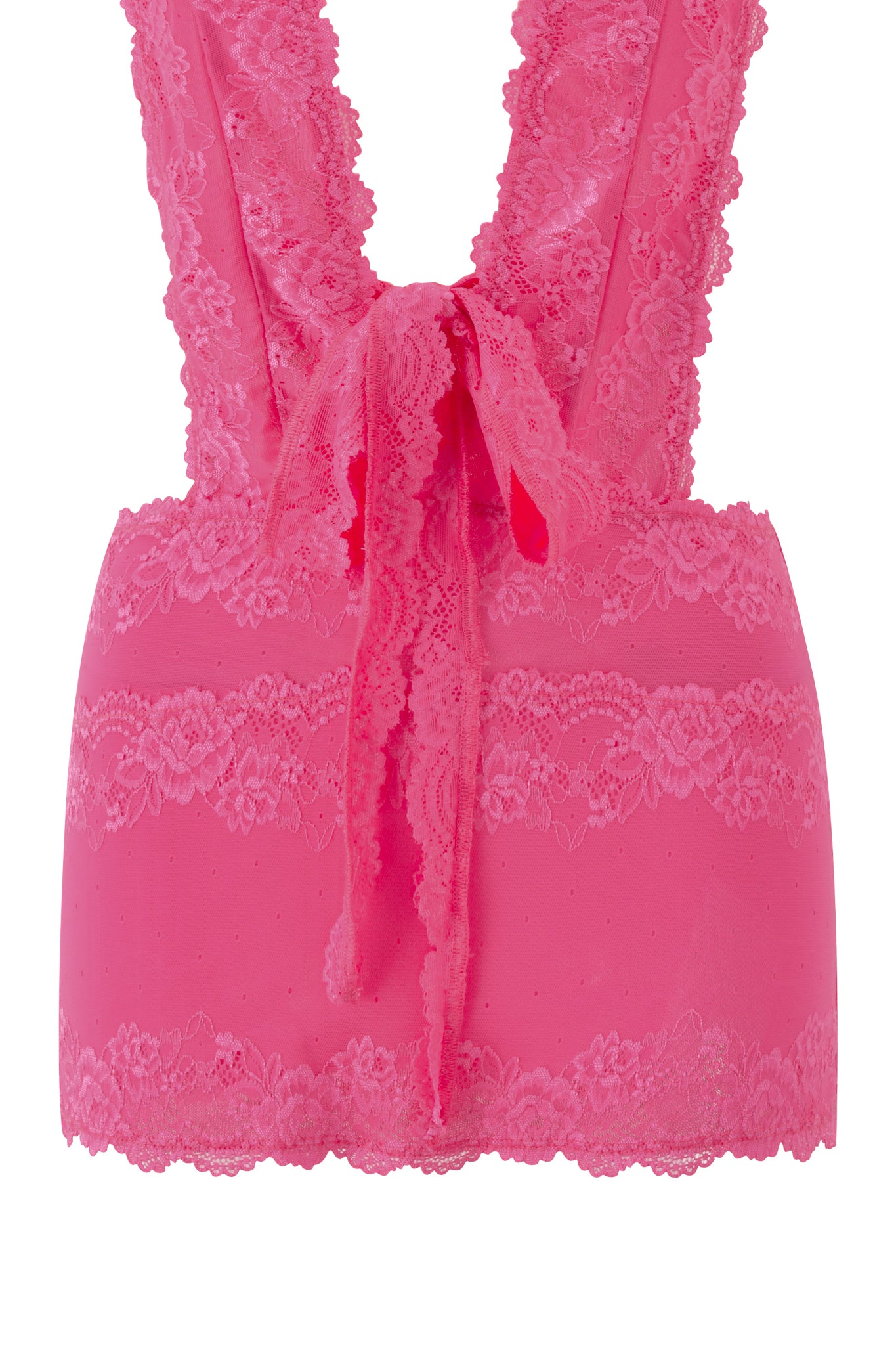 The STARLA MINI DRESS in pink by I.AM.GIA features a back view of bright pink floral lace with wrap-around straps, scalloped edges, and a large bow tied at the center.